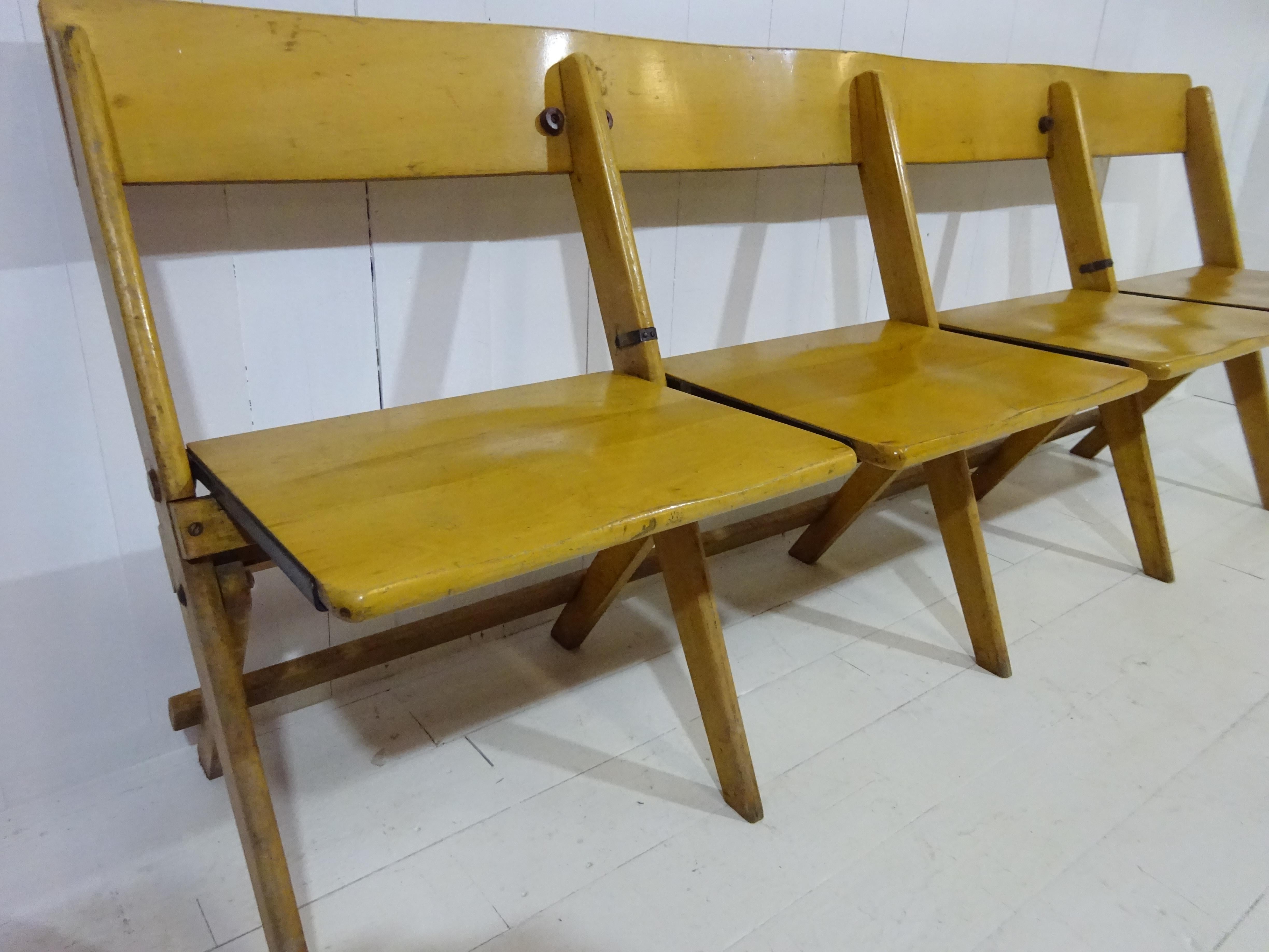 1950's Vintage Conjoined Folding Chapel Chairs For Sale 5