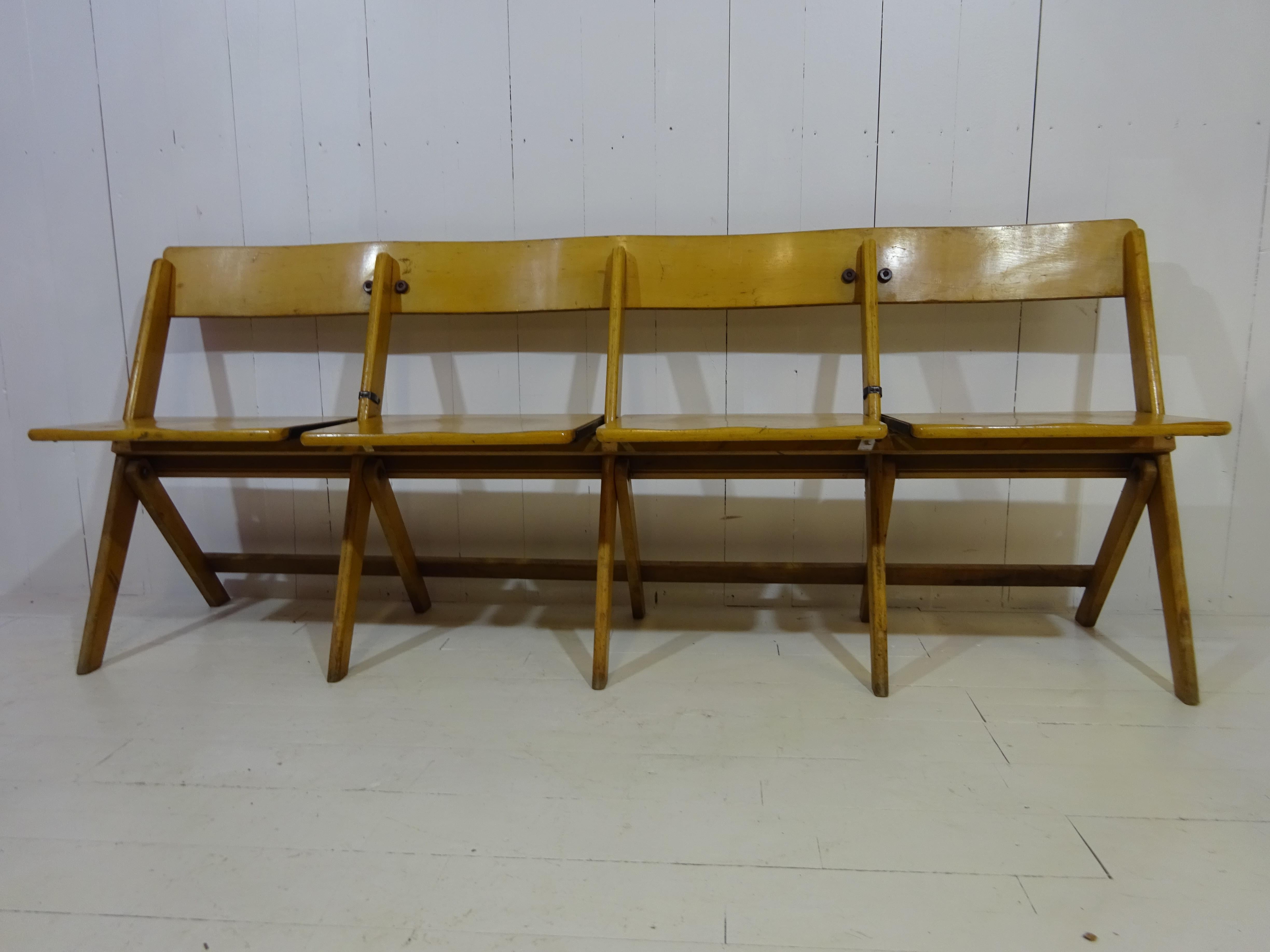 1950's Vintage folding chair row in beech

History

Folding chairs have been in use for thousands of years in many cultures, including ancient Egypt and Rome. They were even commonly used in churches as liturgical furniture in the Middle