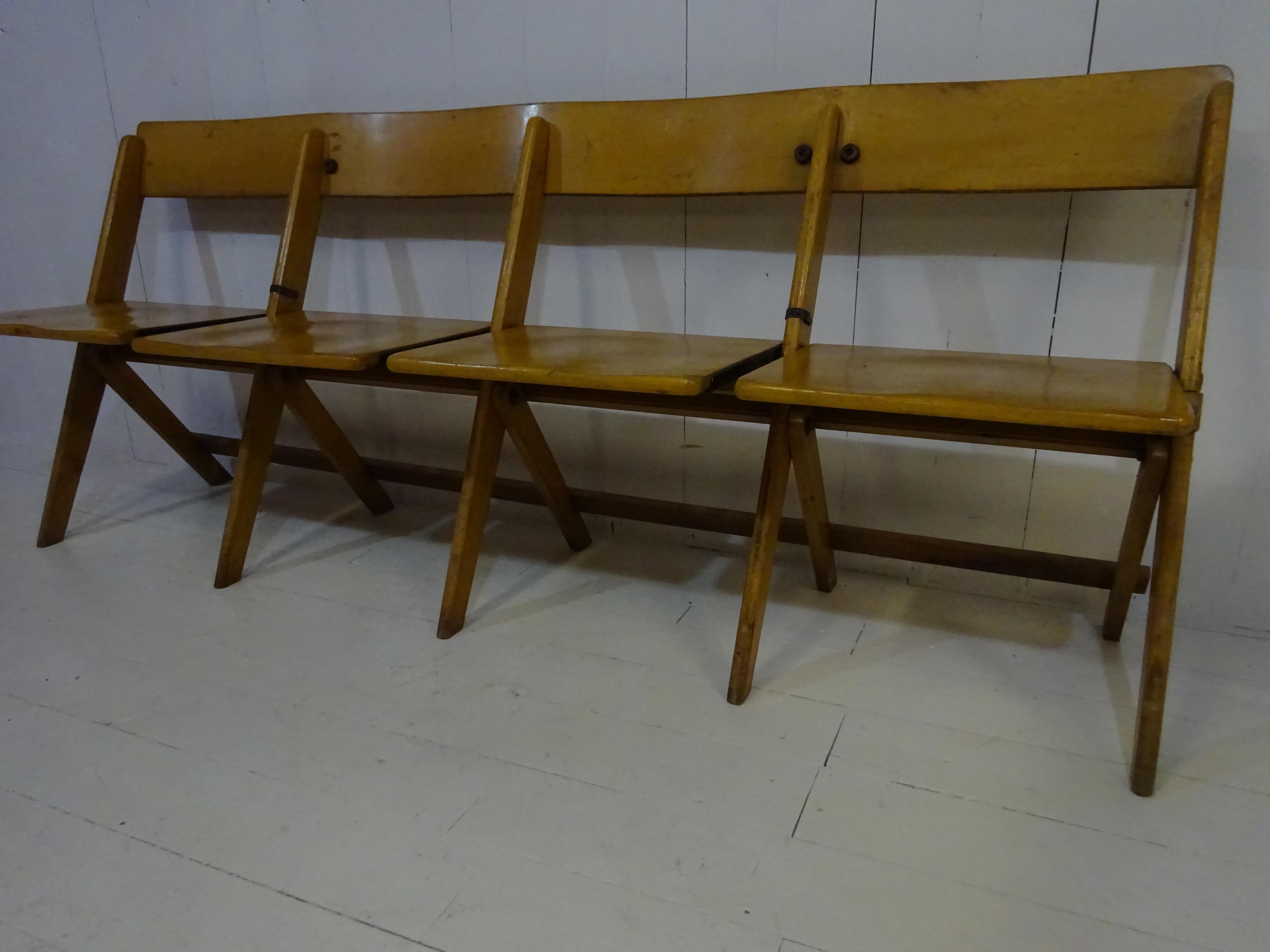Hand-Crafted 1950's Vintage Conjoined Folding Chapel Chairs For Sale