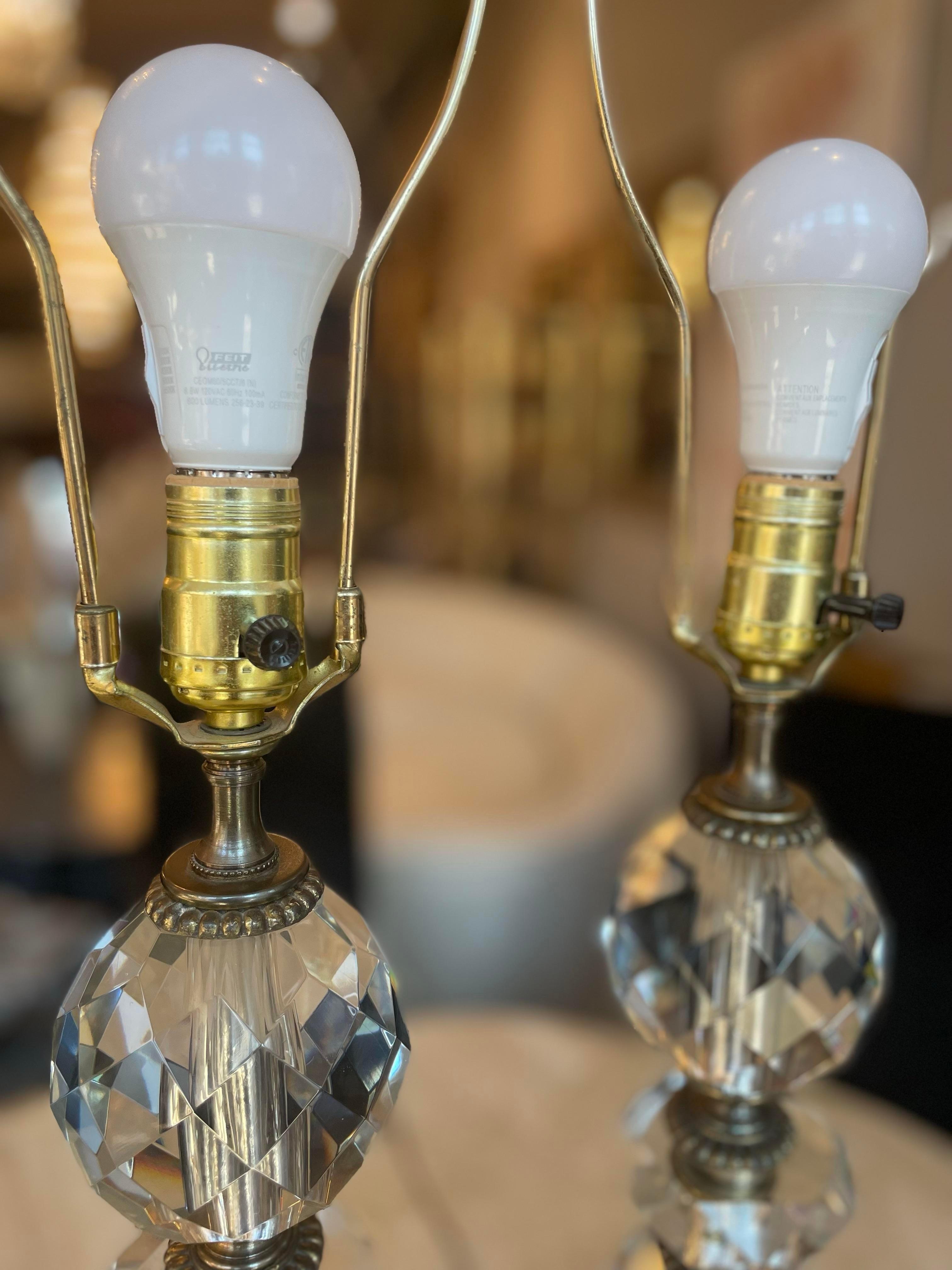 1950’s Vintage Crystal and Brass Lamps - a Pair In Good Condition For Sale In Chicago, IL