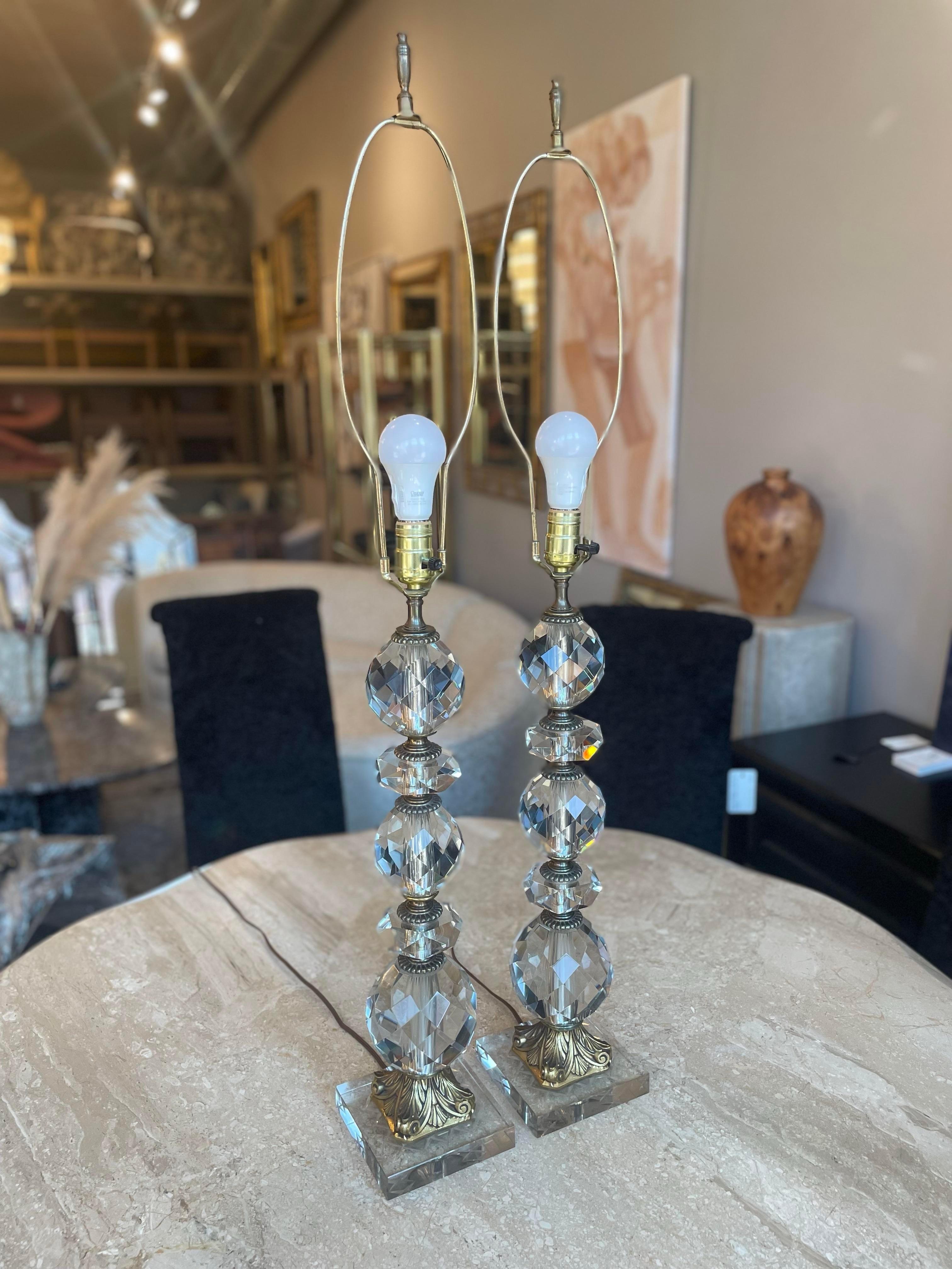 Mid-20th Century 1950’s Vintage Crystal and Brass Lamps - a Pair For Sale