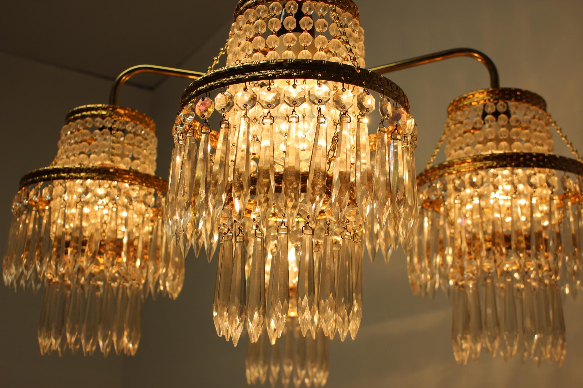 1950s, Vintage Crystal Brass Chandelier, Železnobrodské Sklo, Czechoslovakia For Sale 4