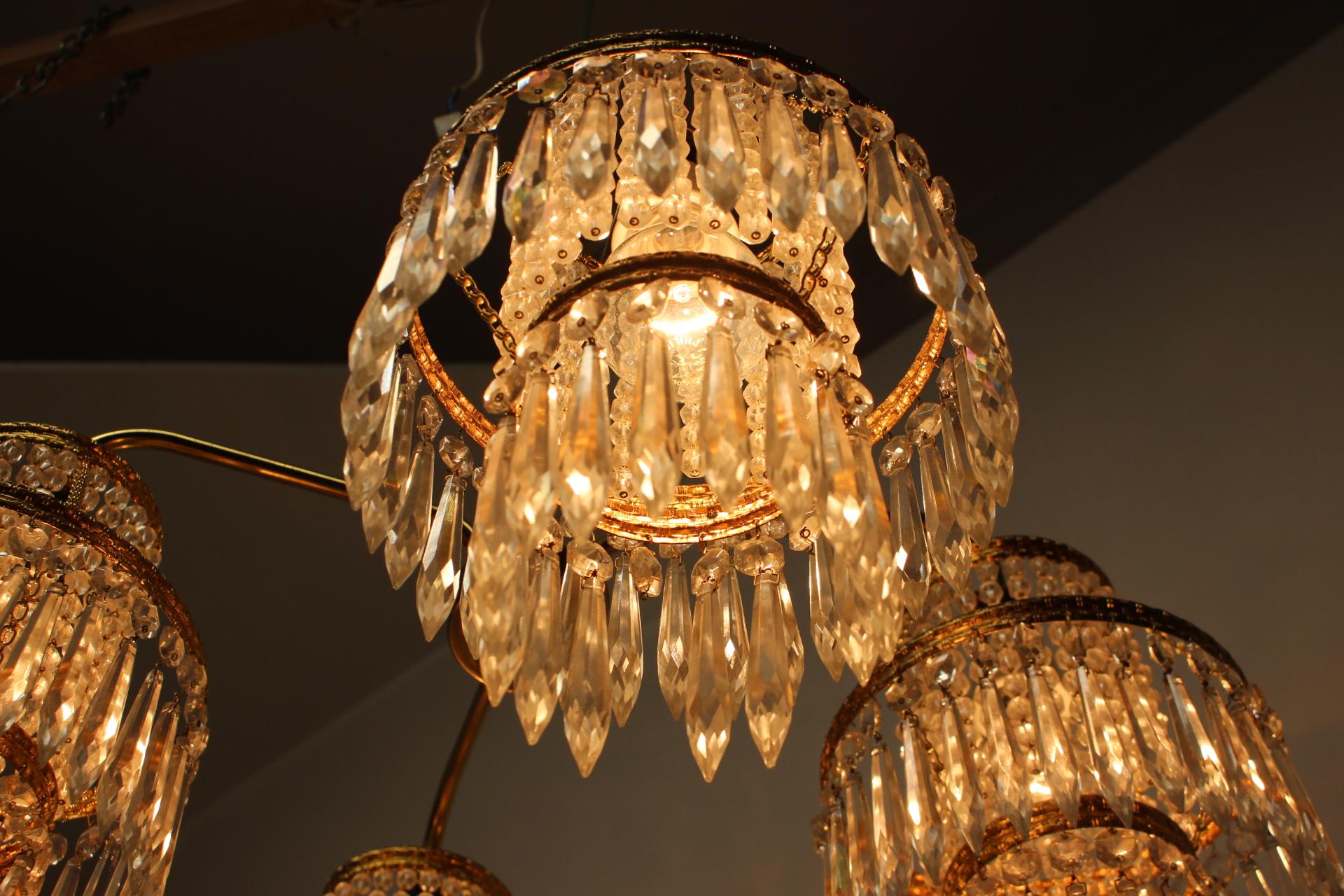 1950s, Vintage Crystal Brass Chandelier, Železnobrodské Sklo, Czechoslovakia For Sale 5