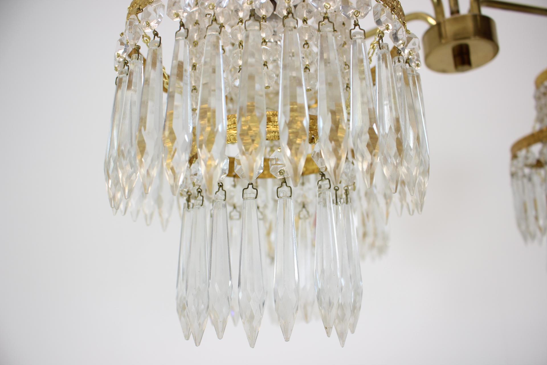 1950s, Vintage Crystal Brass Chandelier, Železnobrodské Sklo, Czechoslovakia In Good Condition In Praha, CZ