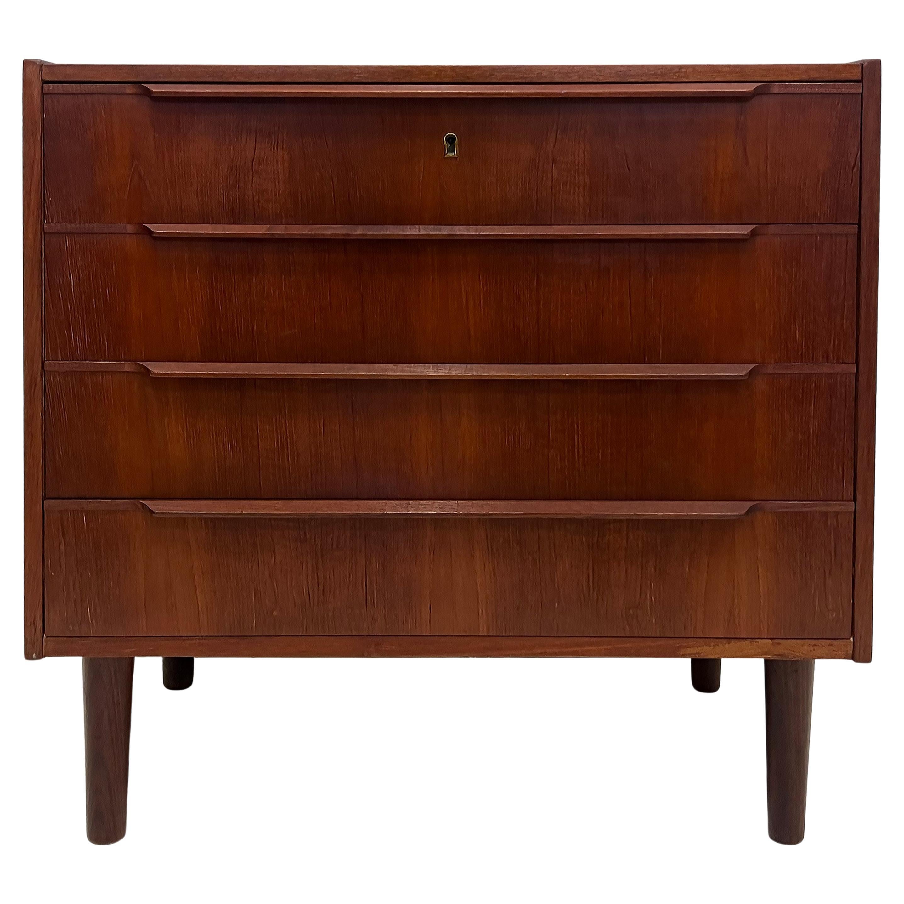 1950s Vintage Danish Modern Teak Cabinet with Lock and 4 Drawers For Sale