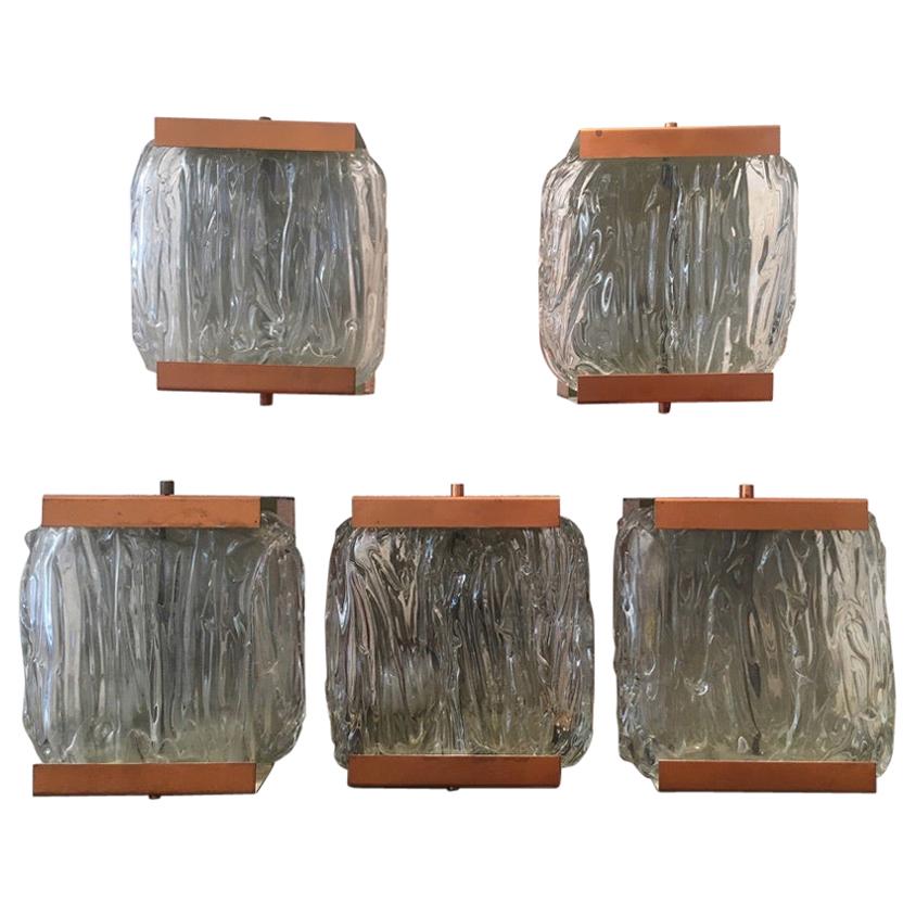 1950s Vintage Decorative Set of 5 Copper and Glass Wall Lamps For Sale