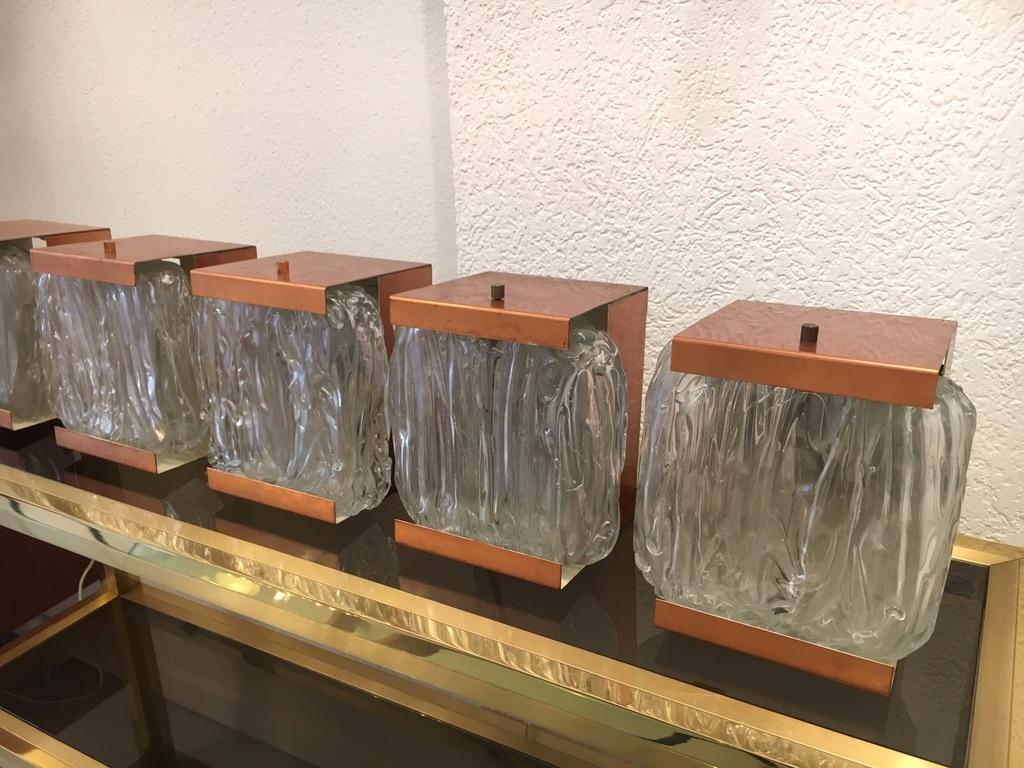 European 1950s Vintage Decorative Set of 5 Copper and Glass Wall Lamps For Sale