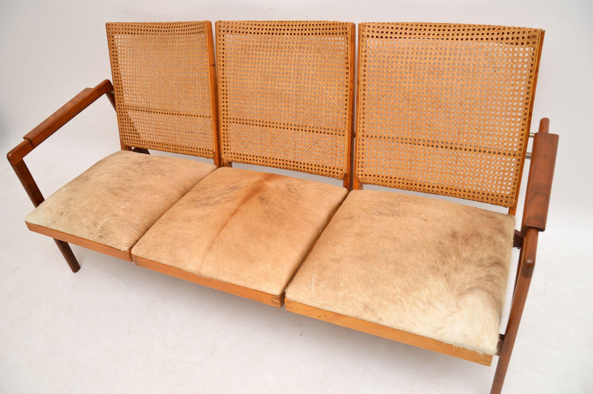 Cowhide 1950s Vintage Dutch Afromosia & Cane Sofa by P.J Muntendam