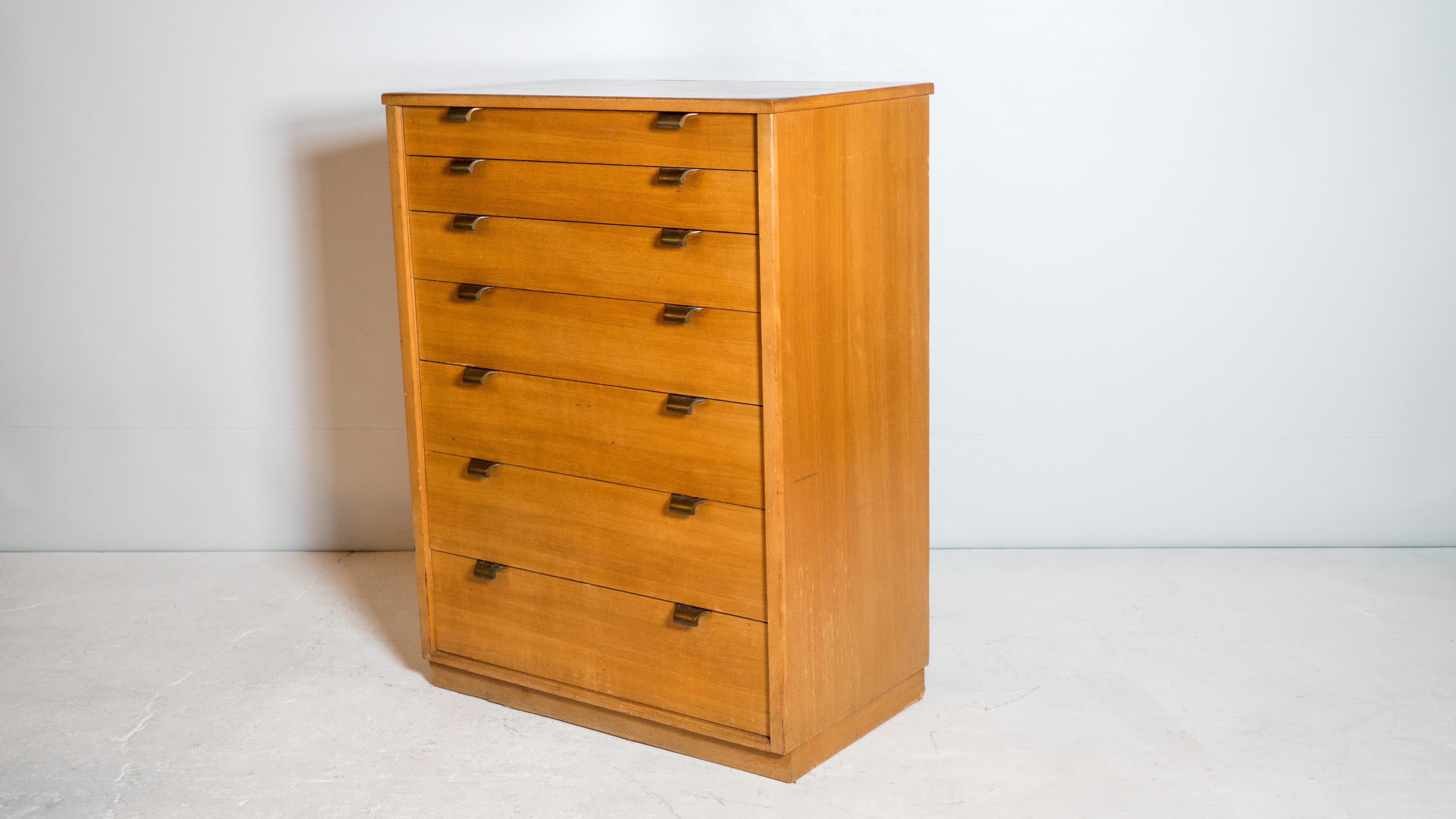 Edward Wormley for Drexel Precedent' Highboy Dresser by Drexel, circa 1950s. Features 7 drawers with original brass pulls and dividers. Clean, simple lines, structurally sound. Good vintage condition, would benefit from refinishing, but presentable