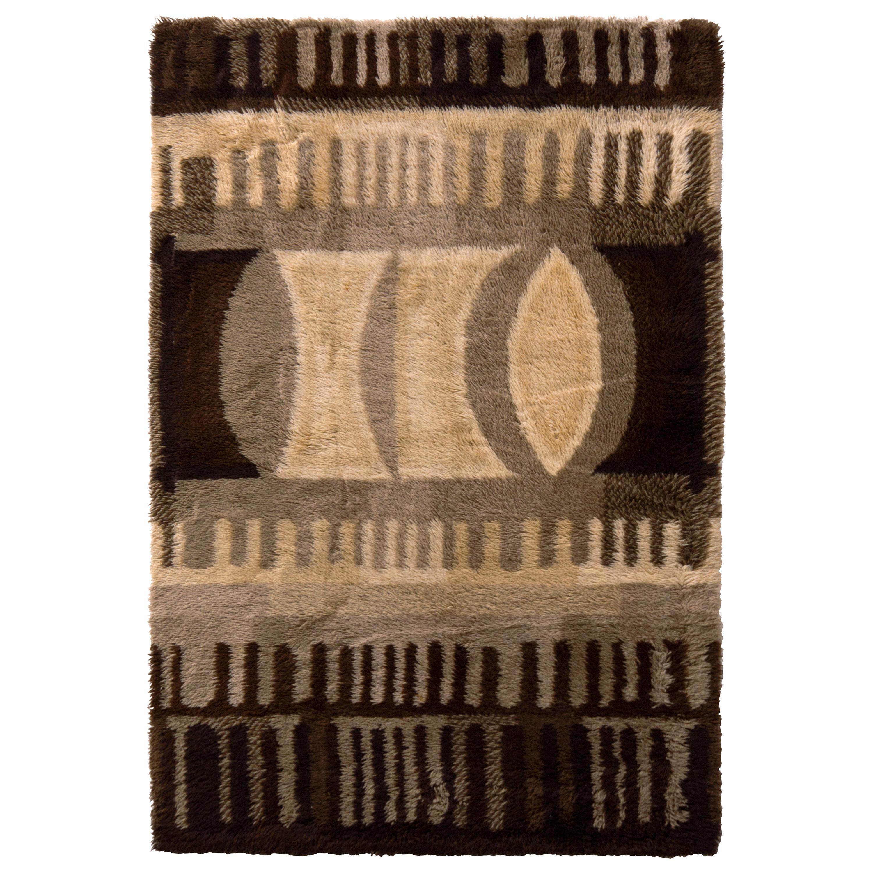 1950s Vintage Ege Rya Rug Brown Midcentury Geometric Pattern by Rug & Kilim For Sale