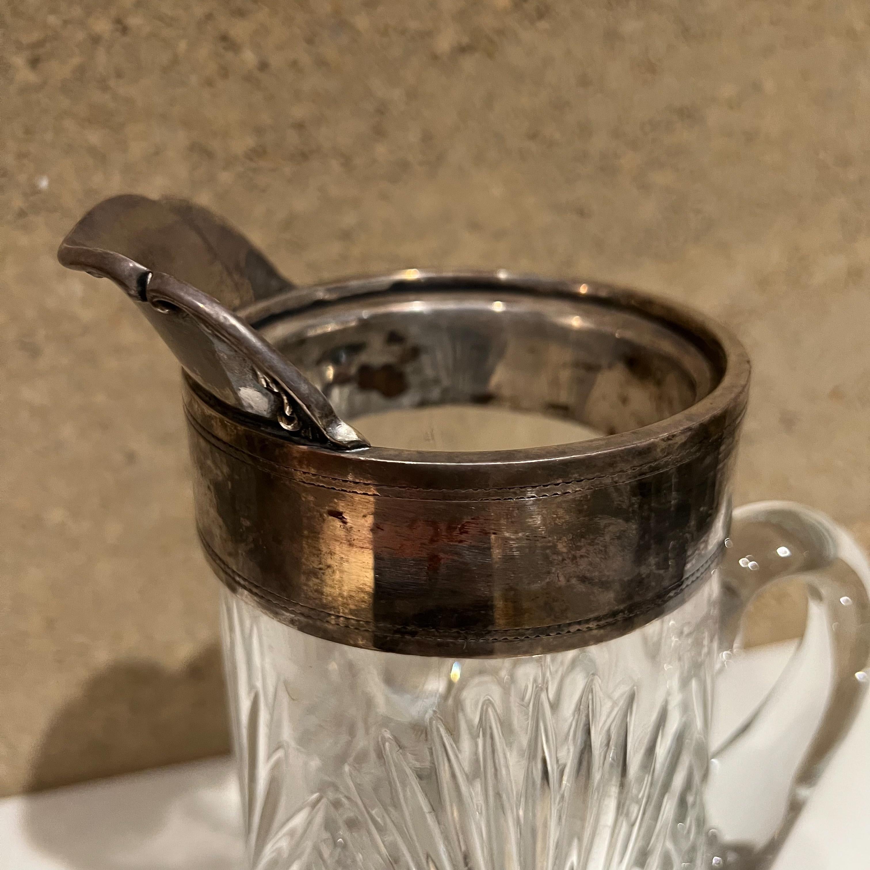 Glass pitcher
Vintage Elegance Fancy Serving Pitcher in Cut Glass Silver Plated
10.5 h x 6.5 w x 4.25 d
Preowned vintage condition unrestored.
See images provided.