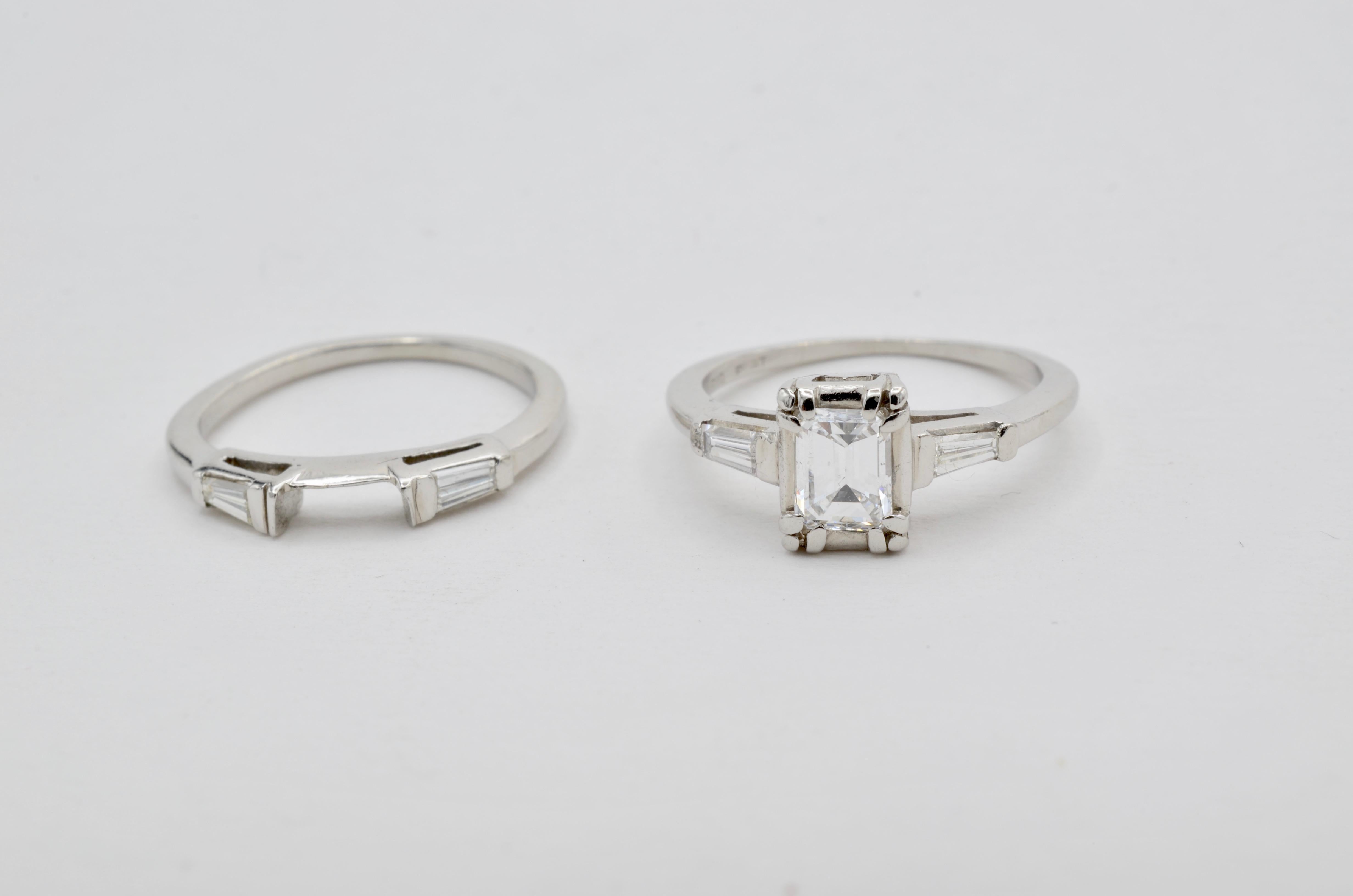 Diamond Emerald Cut Platinum Engagement Ring 1950 In Excellent Condition In Berkeley, CA