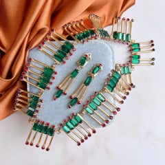 1950s Vintage Emerald Green and Ruby Red Rhinestone Statement Necklace and Earri