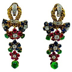 1950s Vintage Emerald Ruby Sapphire Diamond 18k yellow gold dangling clip-on ear