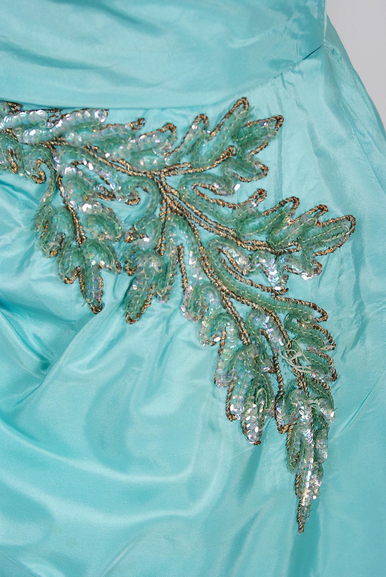 Vintage 1950's Emma Domb Aqua Blue Sequin-Leaves Applique Taffeta Tiered Gown In Good Condition In Beverly Hills, CA