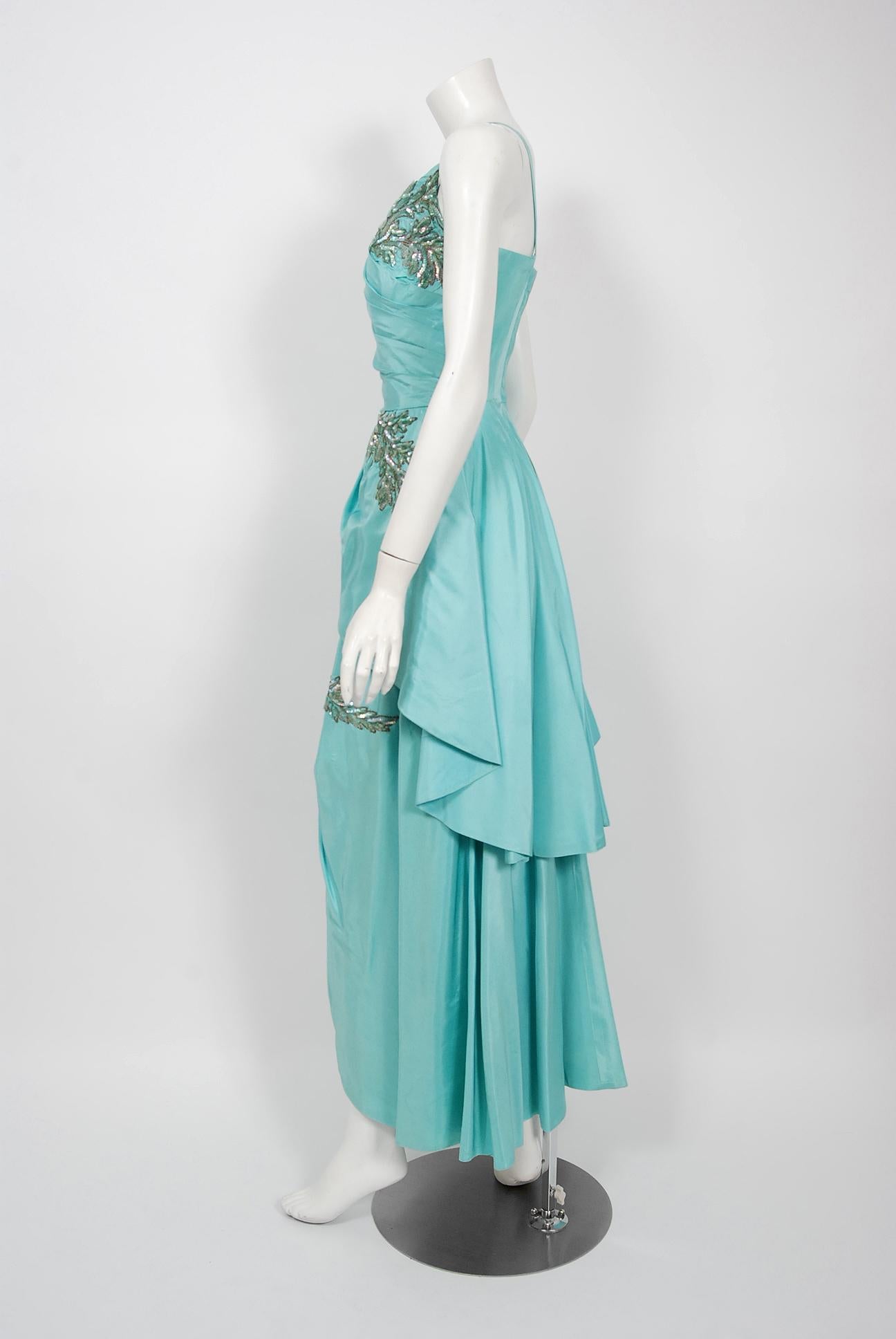 Women's Vintage 1950's Emma Domb Aqua Blue Sequin-Leaves Applique Taffeta Tiered Gown