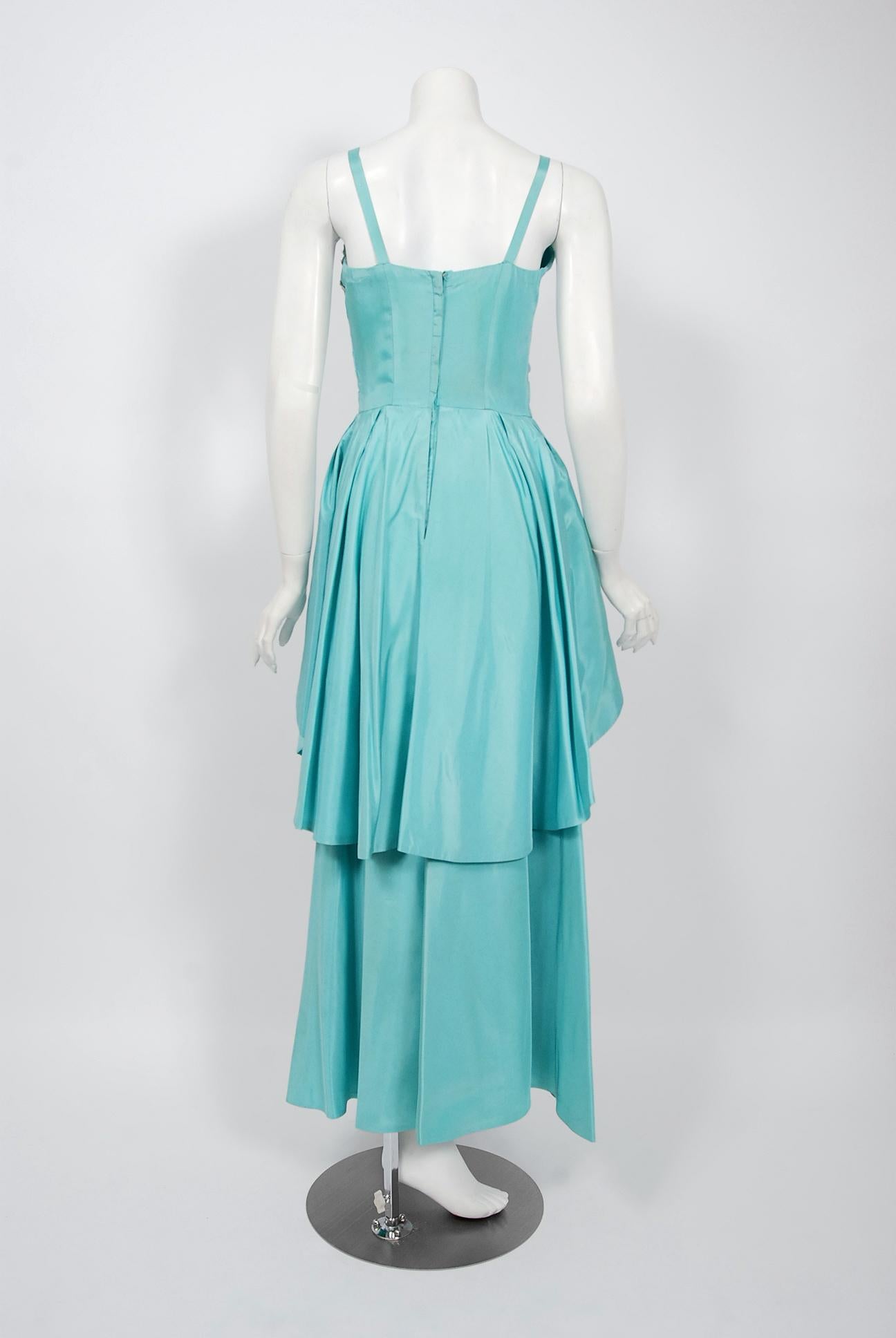 Vintage 1950's Emma Domb Aqua Blue Sequin-Leaves Applique Taffeta Tiered Gown 1