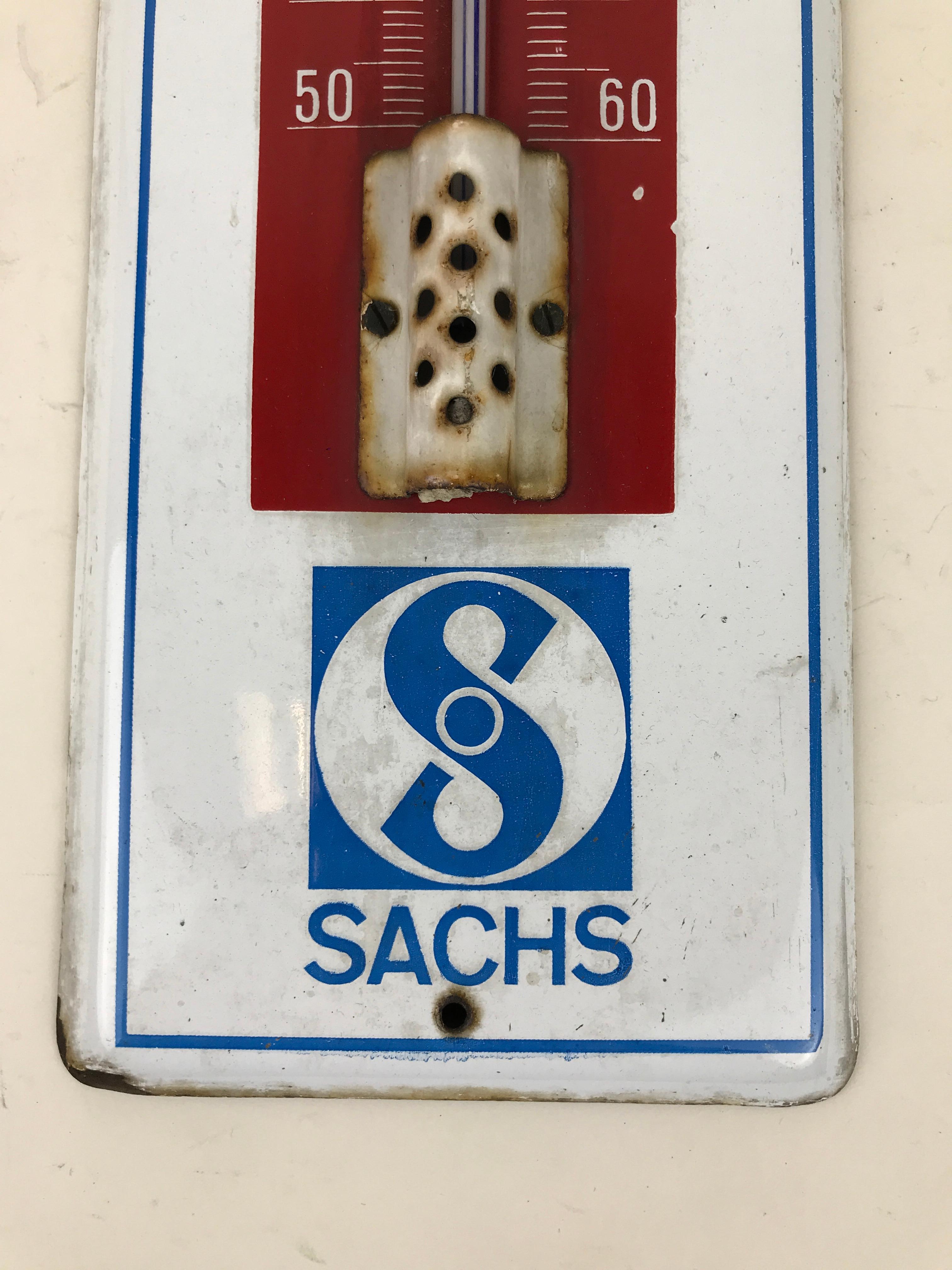 Mid-Century Modern 1950s Vintage Enamel Metal Advertising German Wall Thermometer by Sachs Engine For Sale