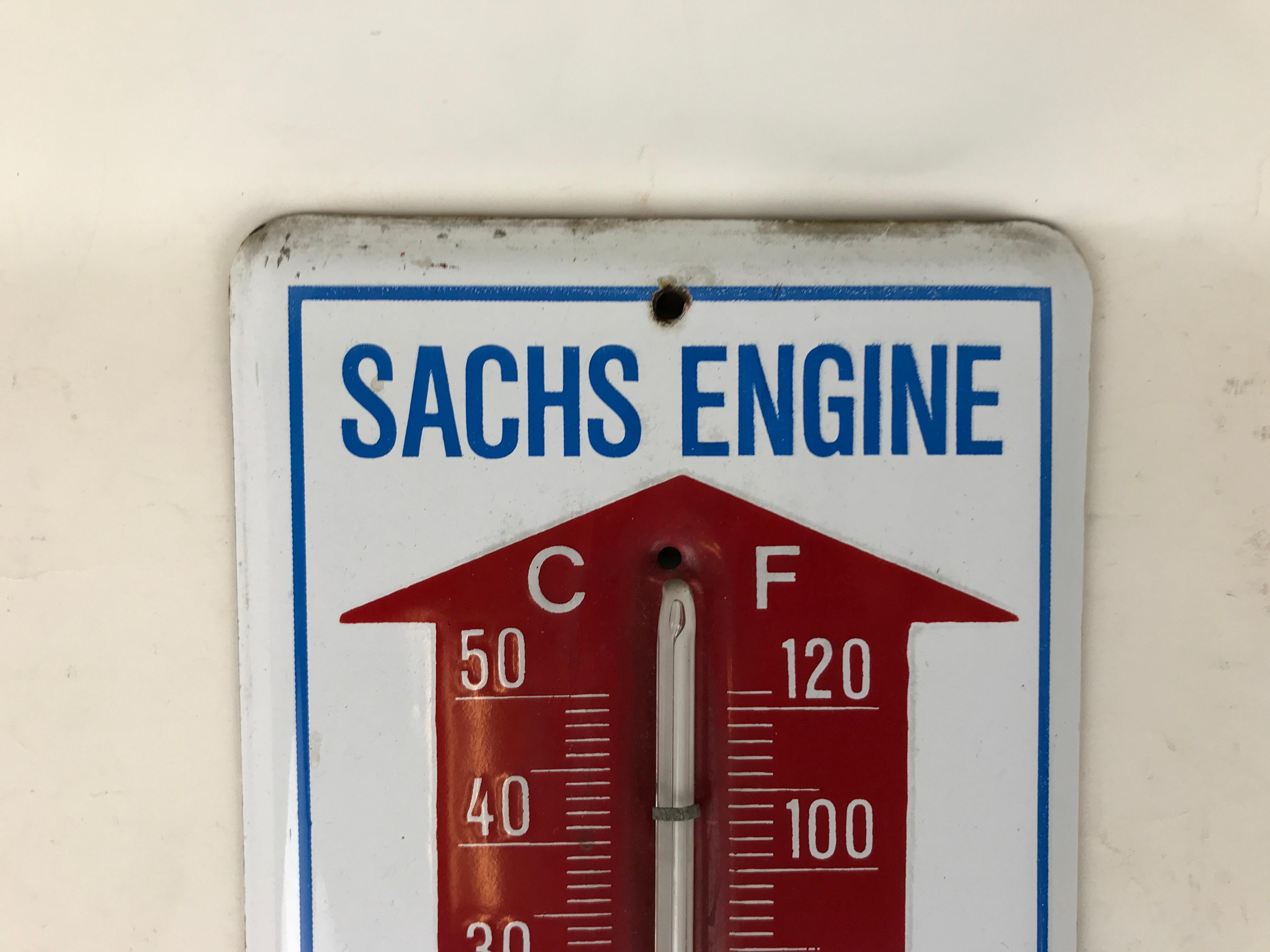 1950s Vintage Enamel Metal Advertising German Wall Thermometer by Sachs Engine In Good Condition For Sale In Milan, IT