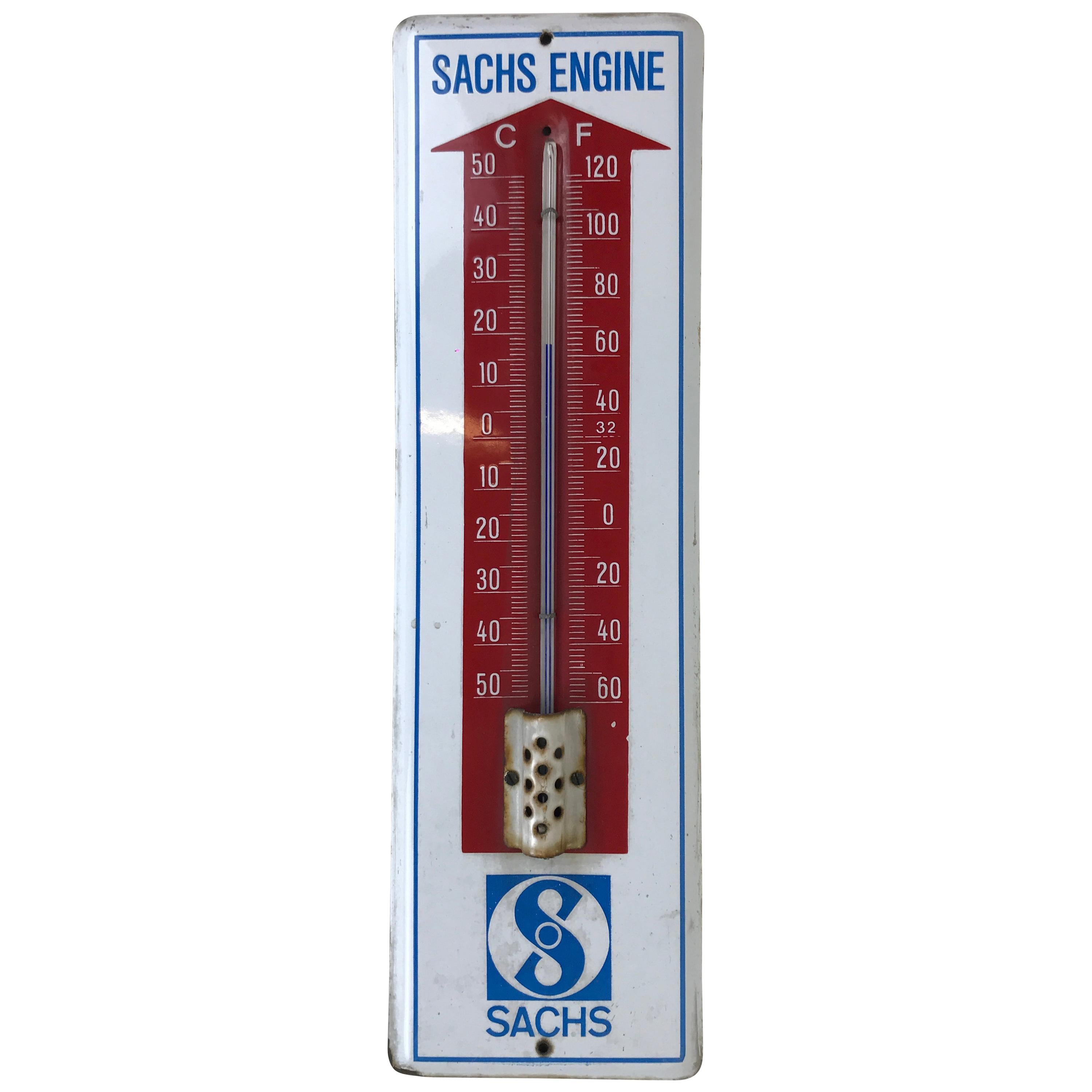 1950s Vintage Enamel Metal Advertising German Wall Thermometer by Sachs Engine For Sale
