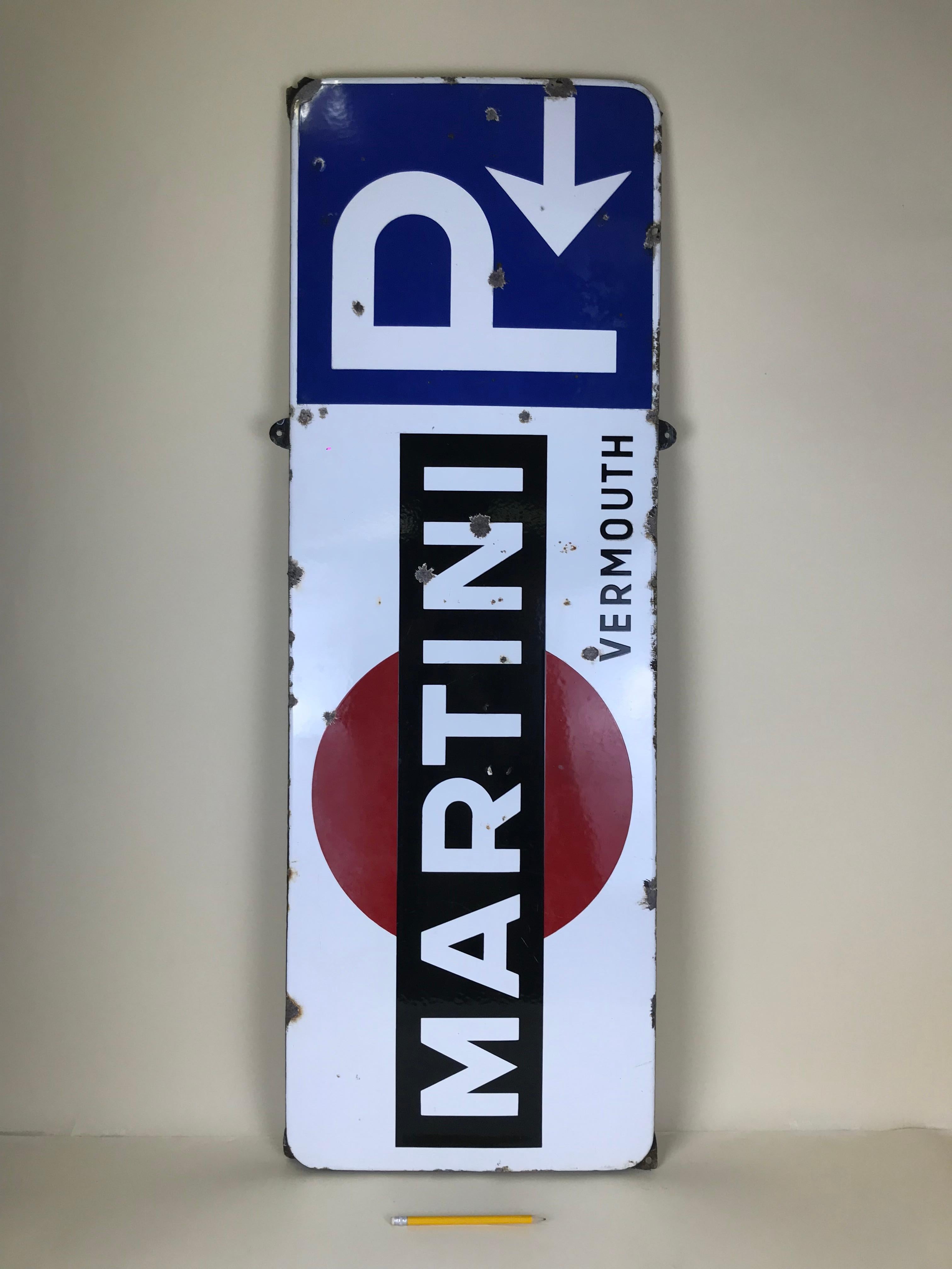 Mid-Century Modern 1950s Vintage Enamel Metal Belgian Advertising Martini Sign with Parking Signal For Sale