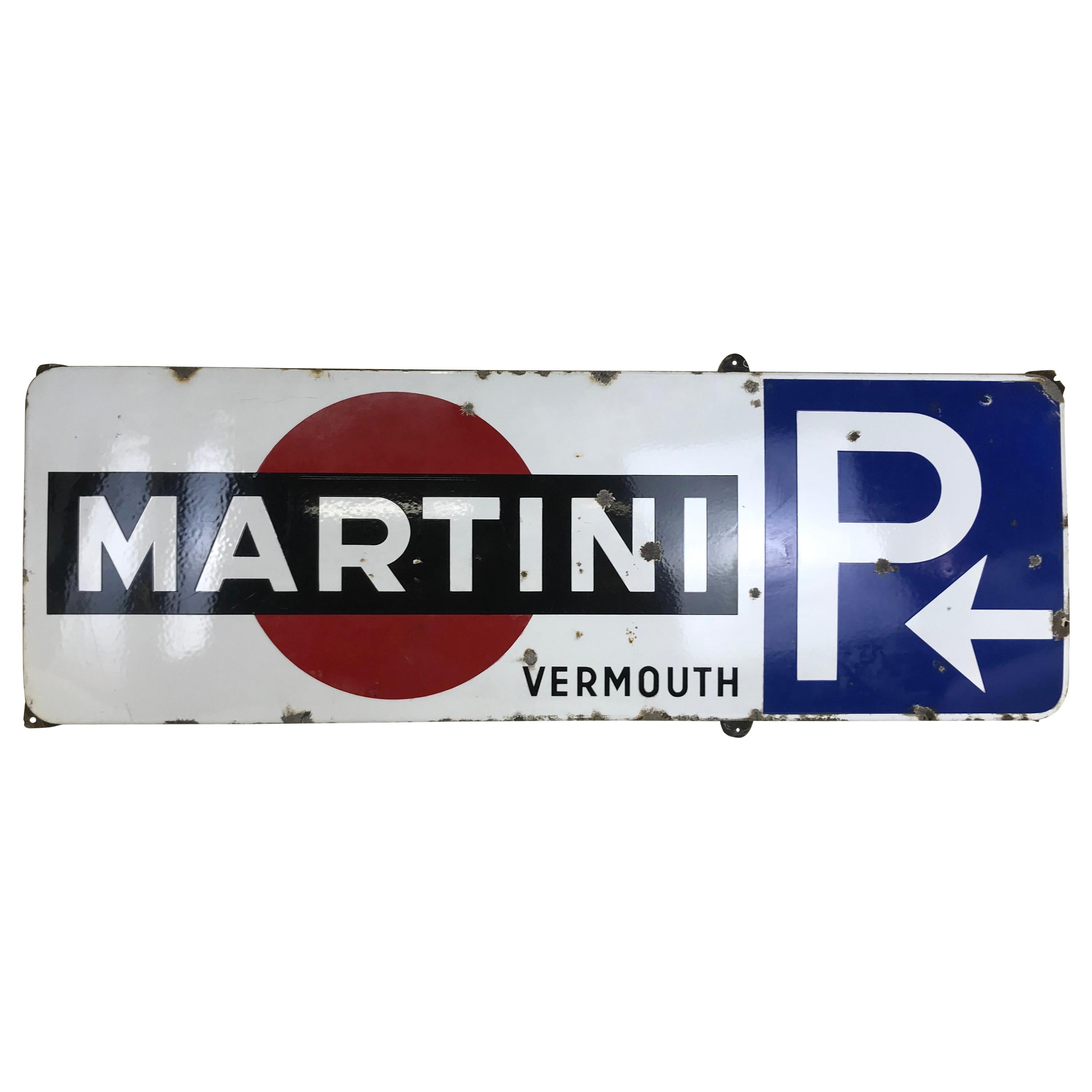 1950s Vintage Enamel Metal Belgian Advertising Martini Sign with Parking Signal For Sale