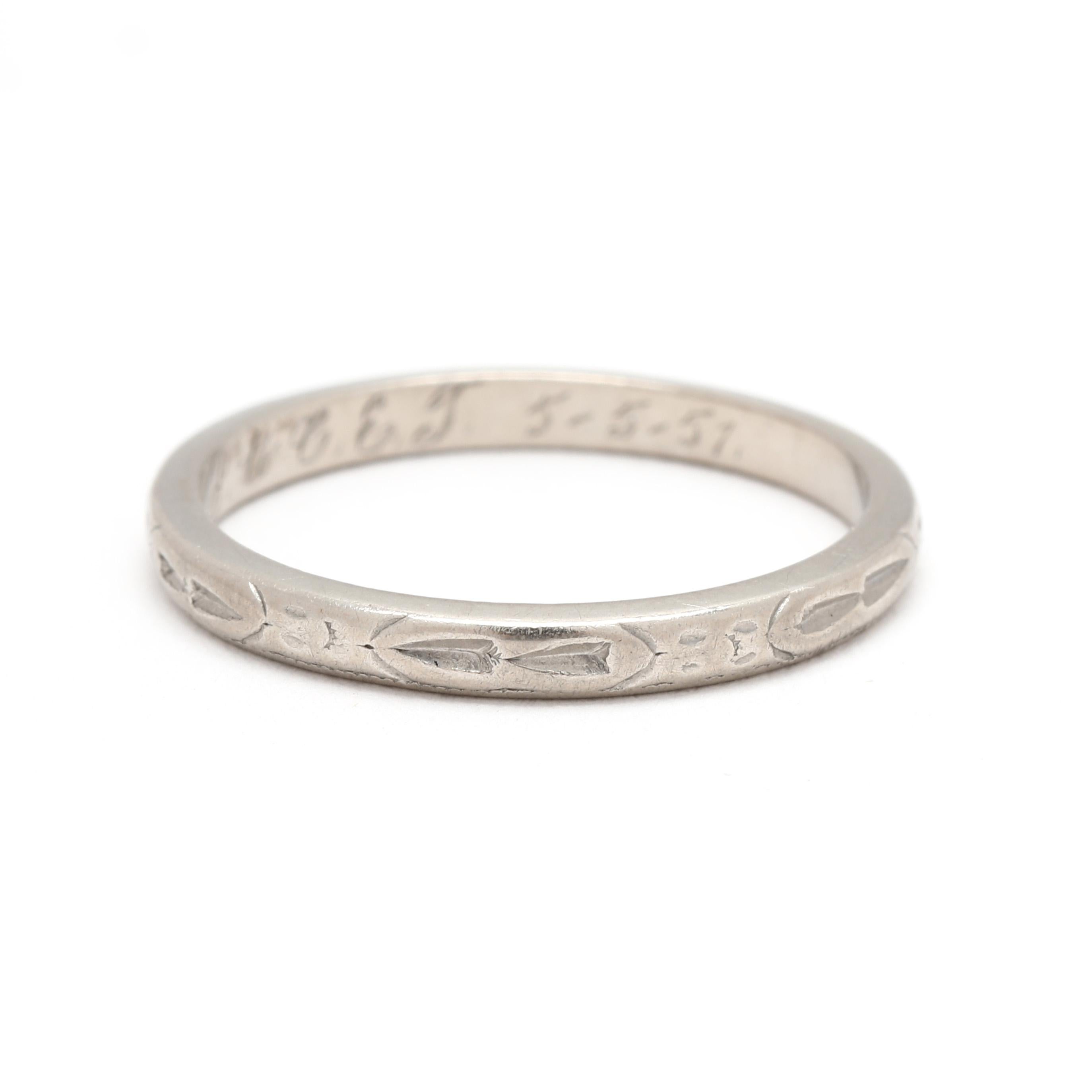 Celebrate timeless romance with this 1950s vintage engraved wedding band, crafted in luxurious platinum. This size 5.75 ring features intricate hand-engraved details that exude classic elegance and craftsmanship. Perfect as a wedding band,