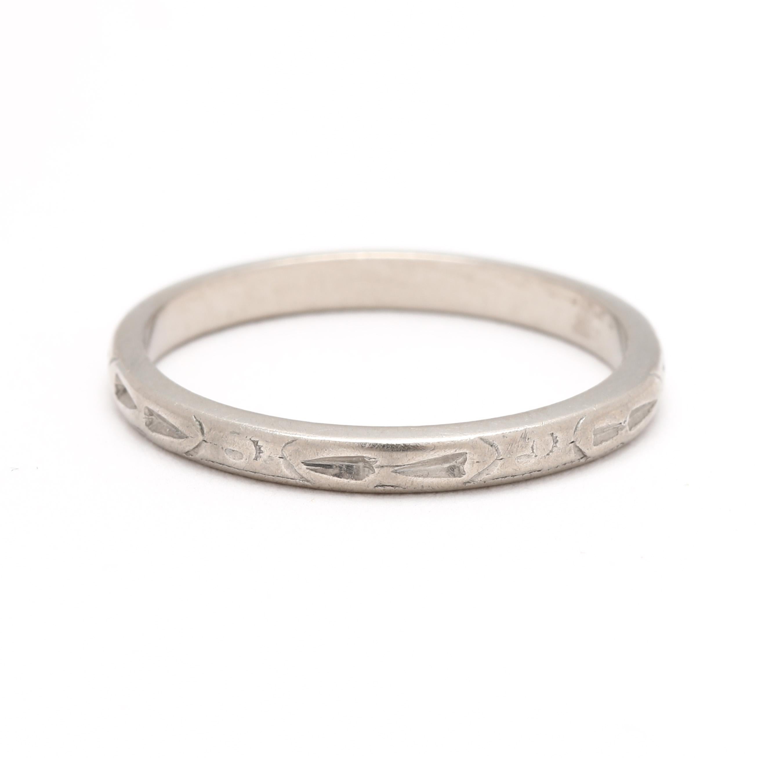 1950s Vintage Engraved Wedding Band, Platinum, Ring Size 5.75 In Good Condition For Sale In McLeansville, NC