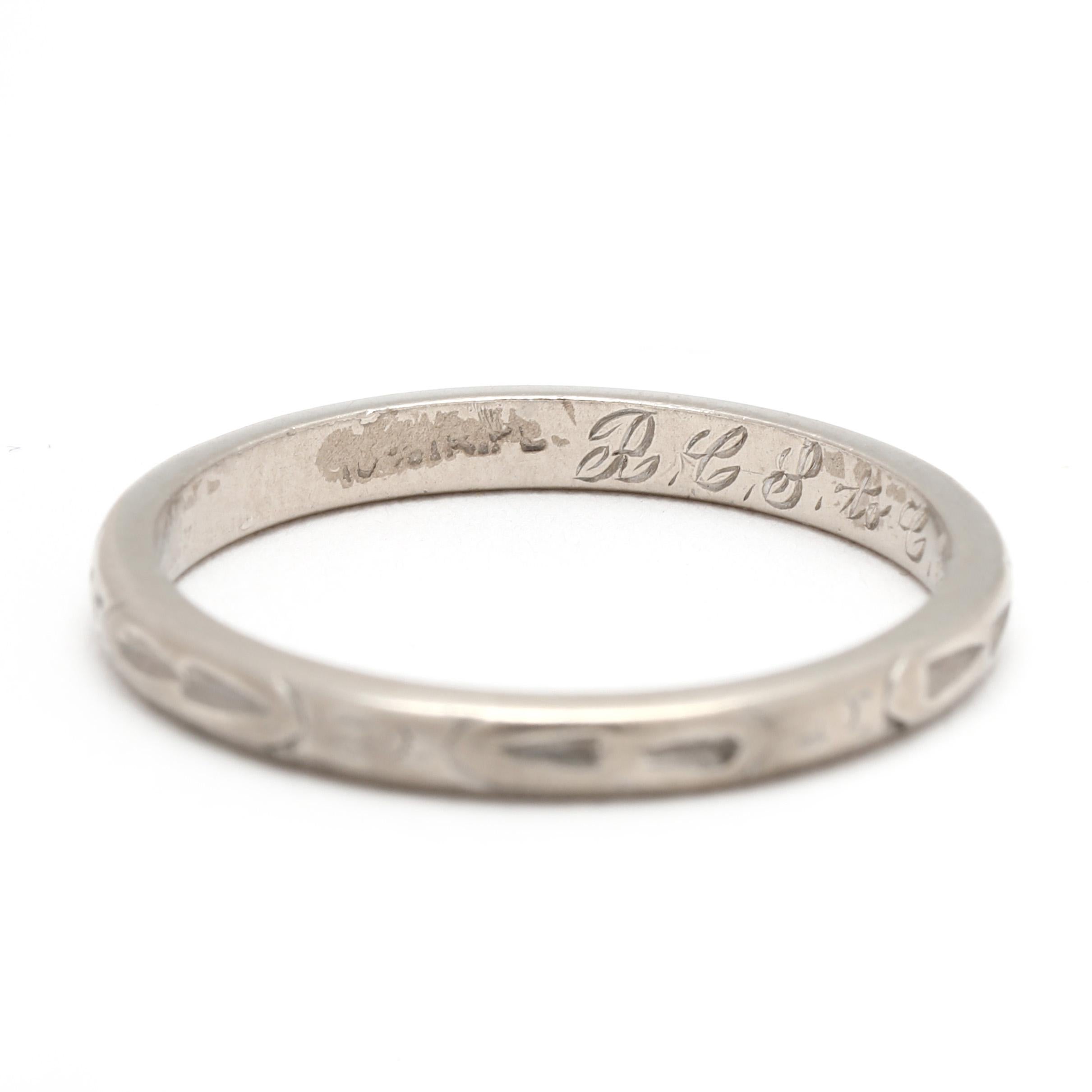 Women's or Men's 1950s Vintage Engraved Wedding Band, Platinum, Ring Size 5.75 For Sale