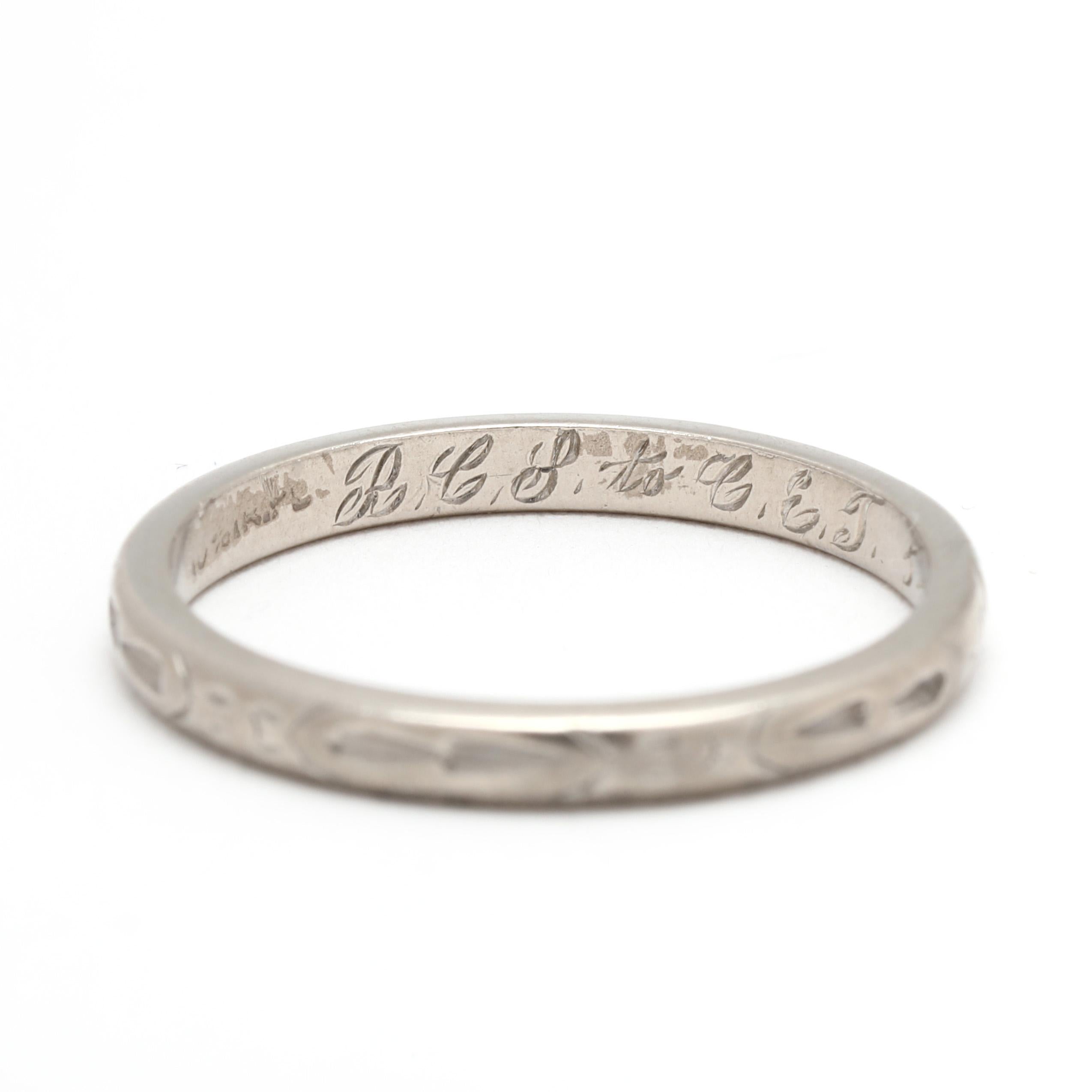 Alianza de boda grabada vintage de los años 50, platino, tamaño del anillo 5,75 en venta 1