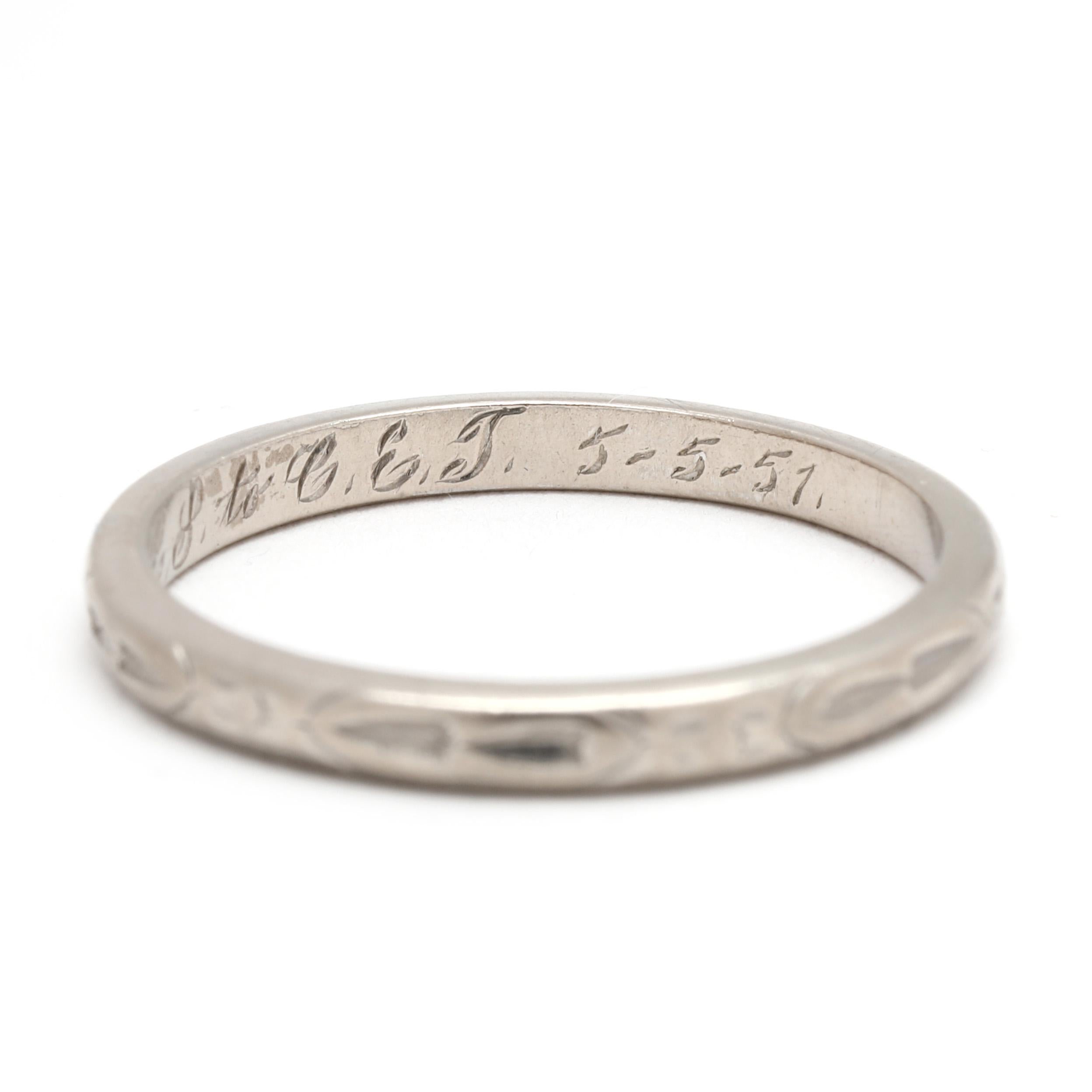 1950s Vintage Engraved Wedding Band, Platinum, Ring Size 5.75 For Sale 2