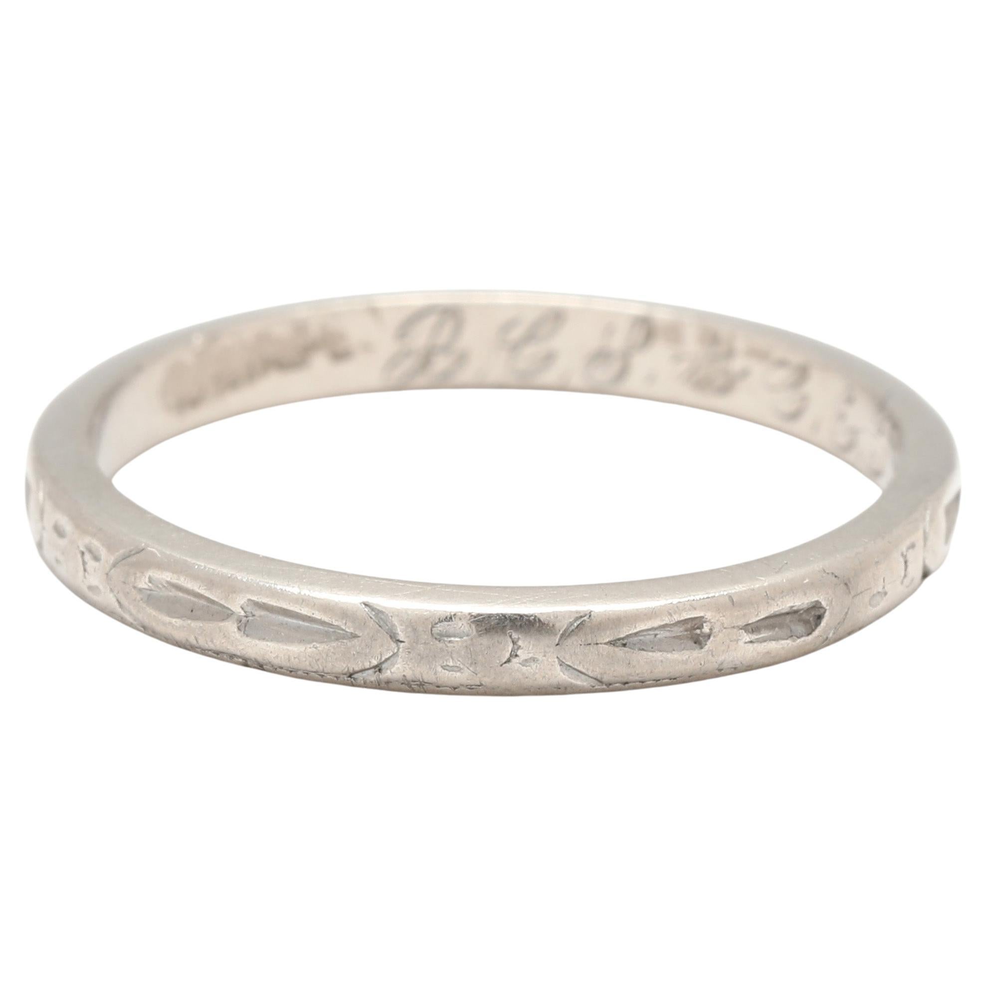 1950s Vintage Engraved Wedding Band, Platinum, Ring Size 5.75