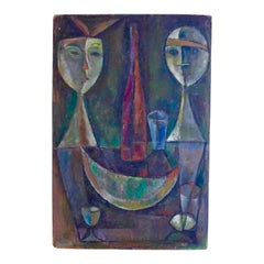 1950s Vintage E.Romano "Cabezas de fantasía" Óleo sobre tabla de artista Pintura
