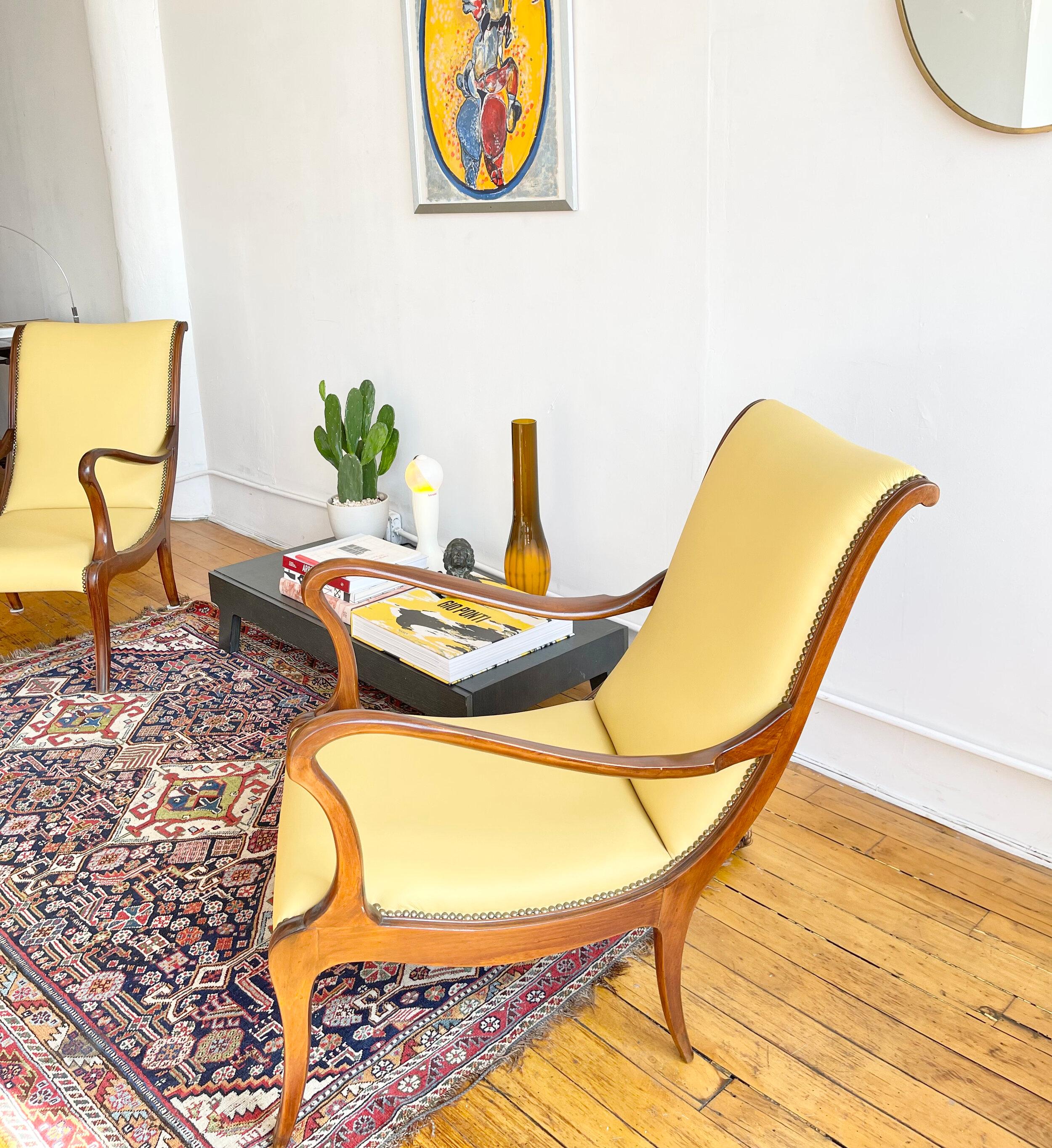 20th Century 1950s Vintage Ezio Longhi Italian Lounge Chairs in Mahogany Wood and Leather For Sale