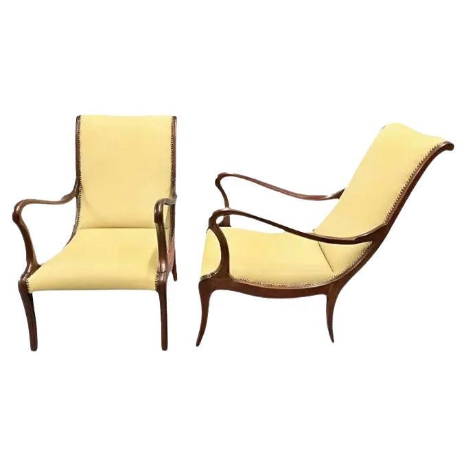 1950s Vintage Ezio Longhi Italian Lounge Chairs in Mahogany Wood and Leather For Sale
