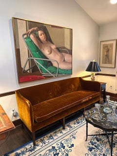 Sofá Settee con tapicería de terciopelo patinado de estilo federal vintage de los años 50