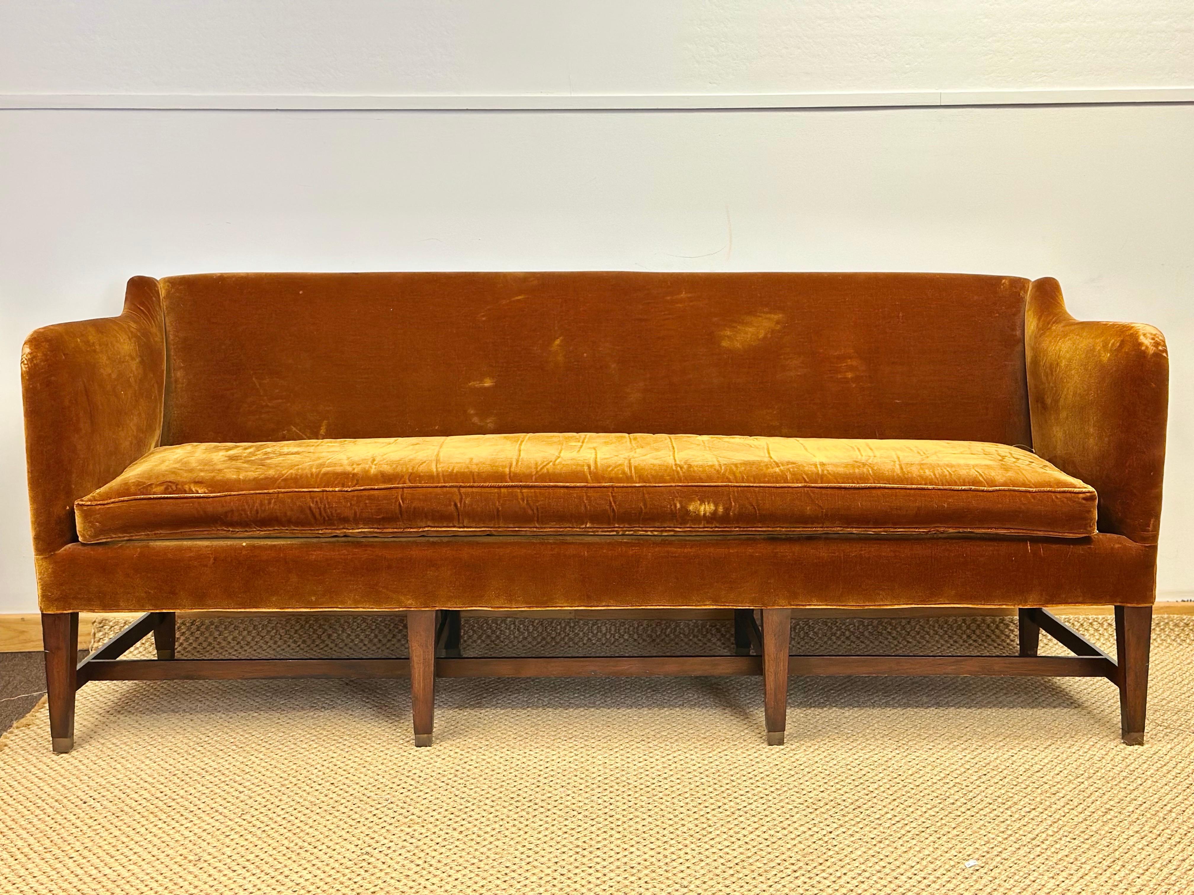 American 1950s Vintage Federal-Style Patinaed Velvet Upholstery Settee Sofa