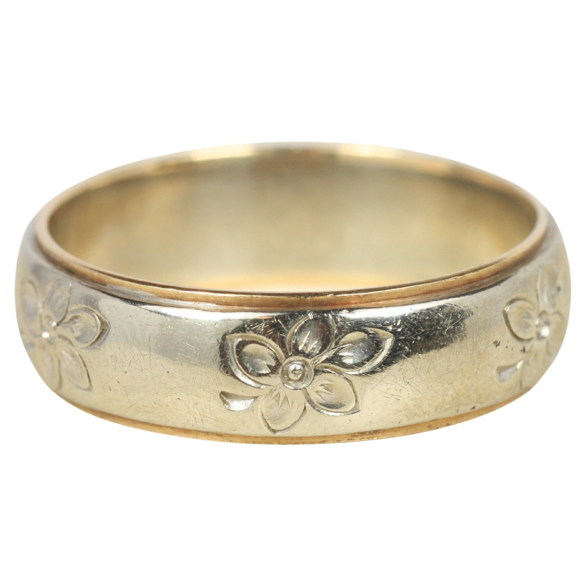 Alianza de boda vintage de los años 50 en dos tonos florales de 6,7 mm en oro blanco y amarillo de 14 quilates