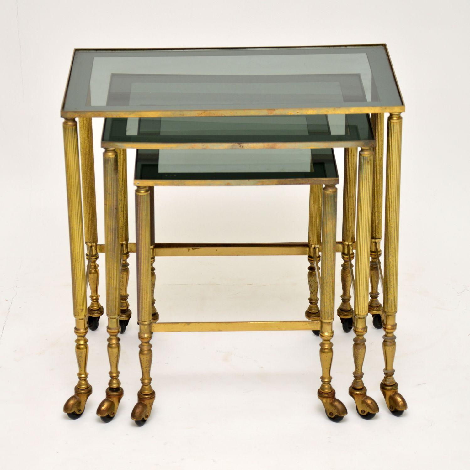 A stylish and well made vintage nest of brass tables on casters, these were made in France and date from the 1950s-1960s. They are of great quality and are in lovely vintage condition, with only some minor surface wear here and there.

Measures: