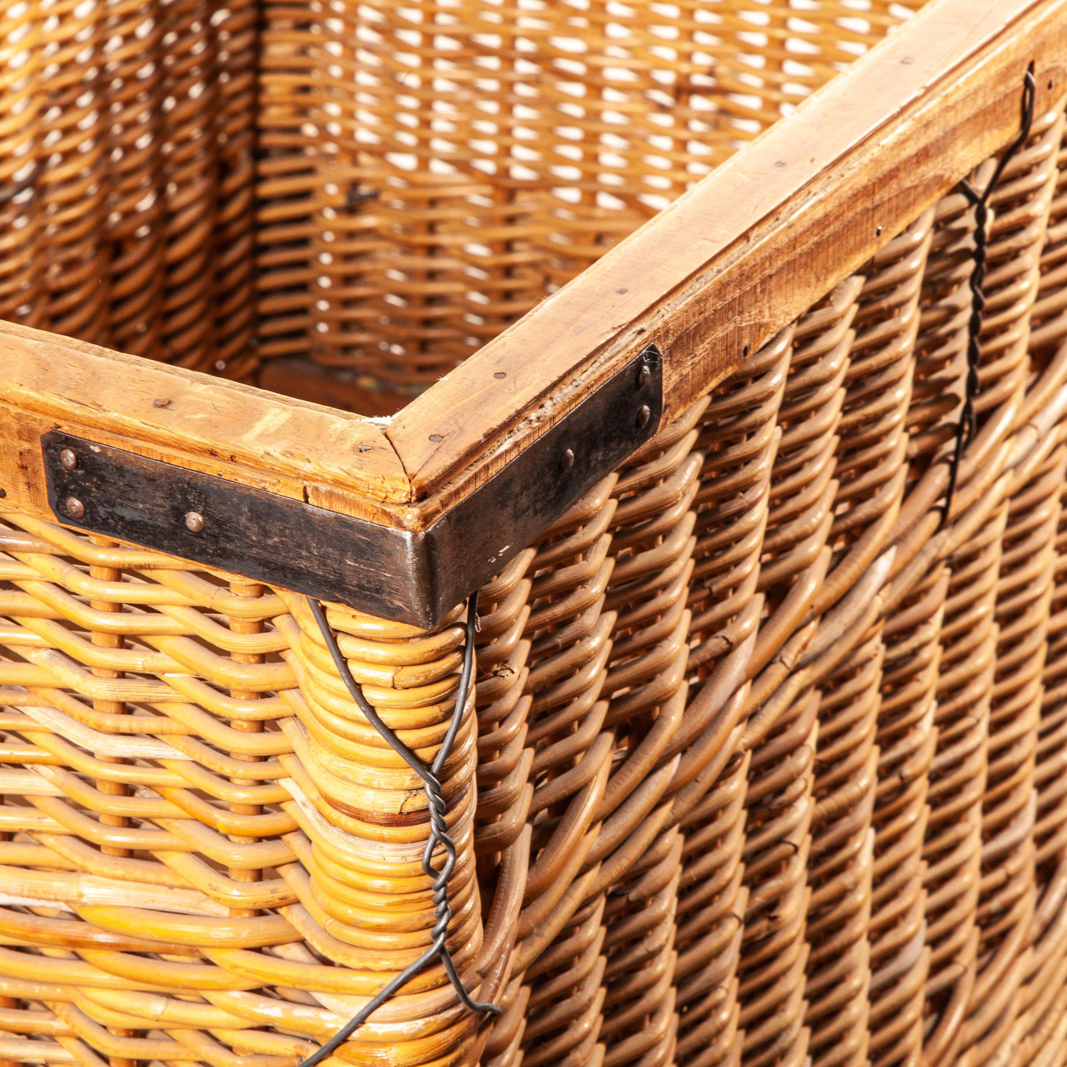 1950s vintage French industrial woven rattan trolley – storage basket.
1950s vintage French industrial woven rattan trolley – Storage Basket. Tricotage Marmoutier. We recently sourced a number of very original industrial items from a small historic