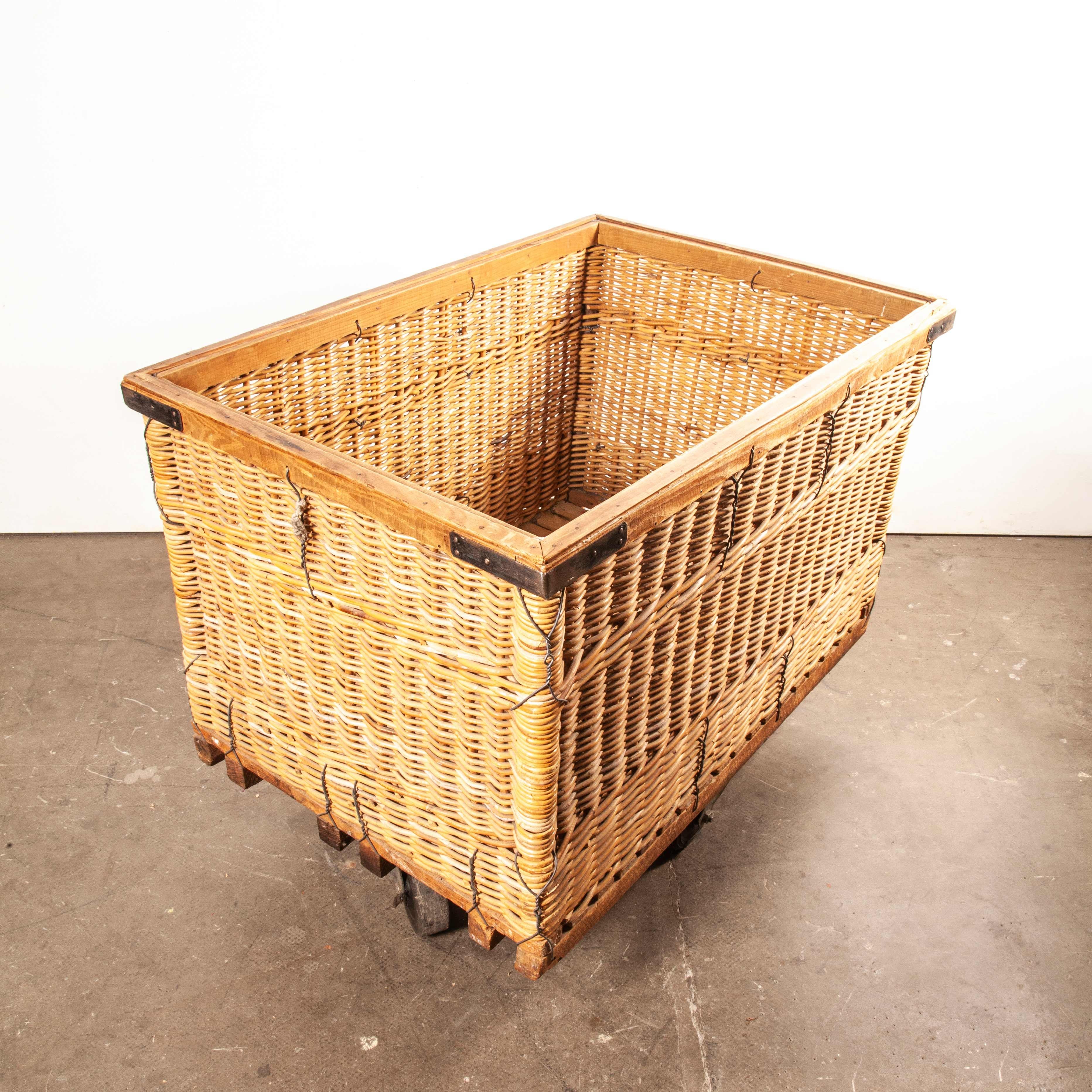 1950s Vintage French Industrial Woven Rattan Trolley, Storage Basket In Good Condition In Hook, Hampshire