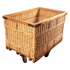 1950s Used French Industrial Woven Rattan Trolley, Storage Basket