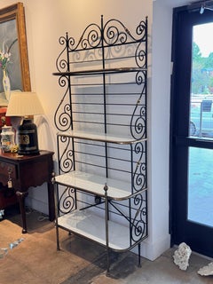 1950s Vintage French Iron and Brass Baker’s Rack With White Glass Shelves