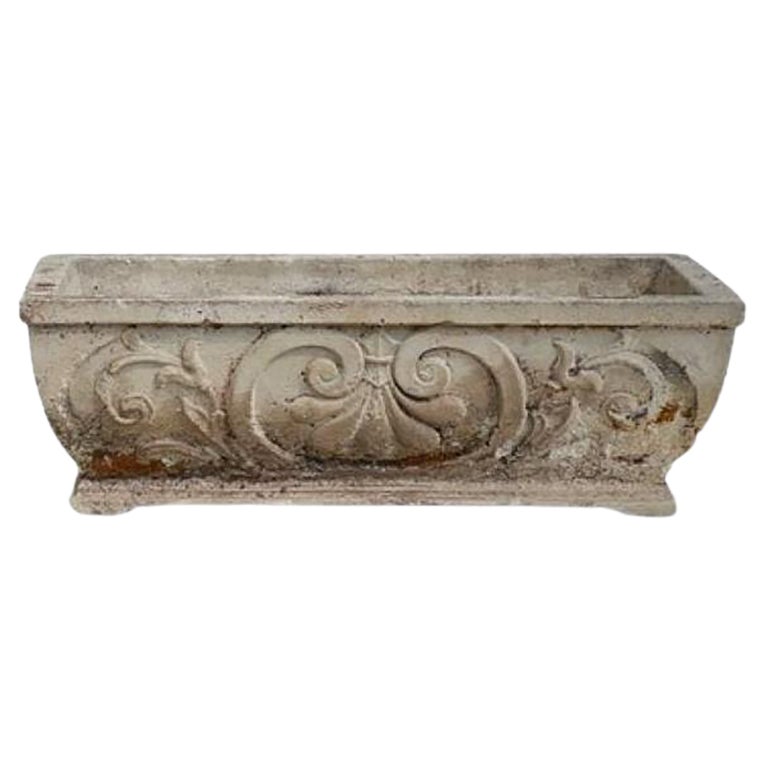 1950s Vintage French Rectangular Fleur-de-Lis Cement Garden Planter with Classic