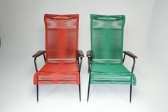 1950s Vintage French Red and Green Scoubidou Lounge Chairs, Set of Two