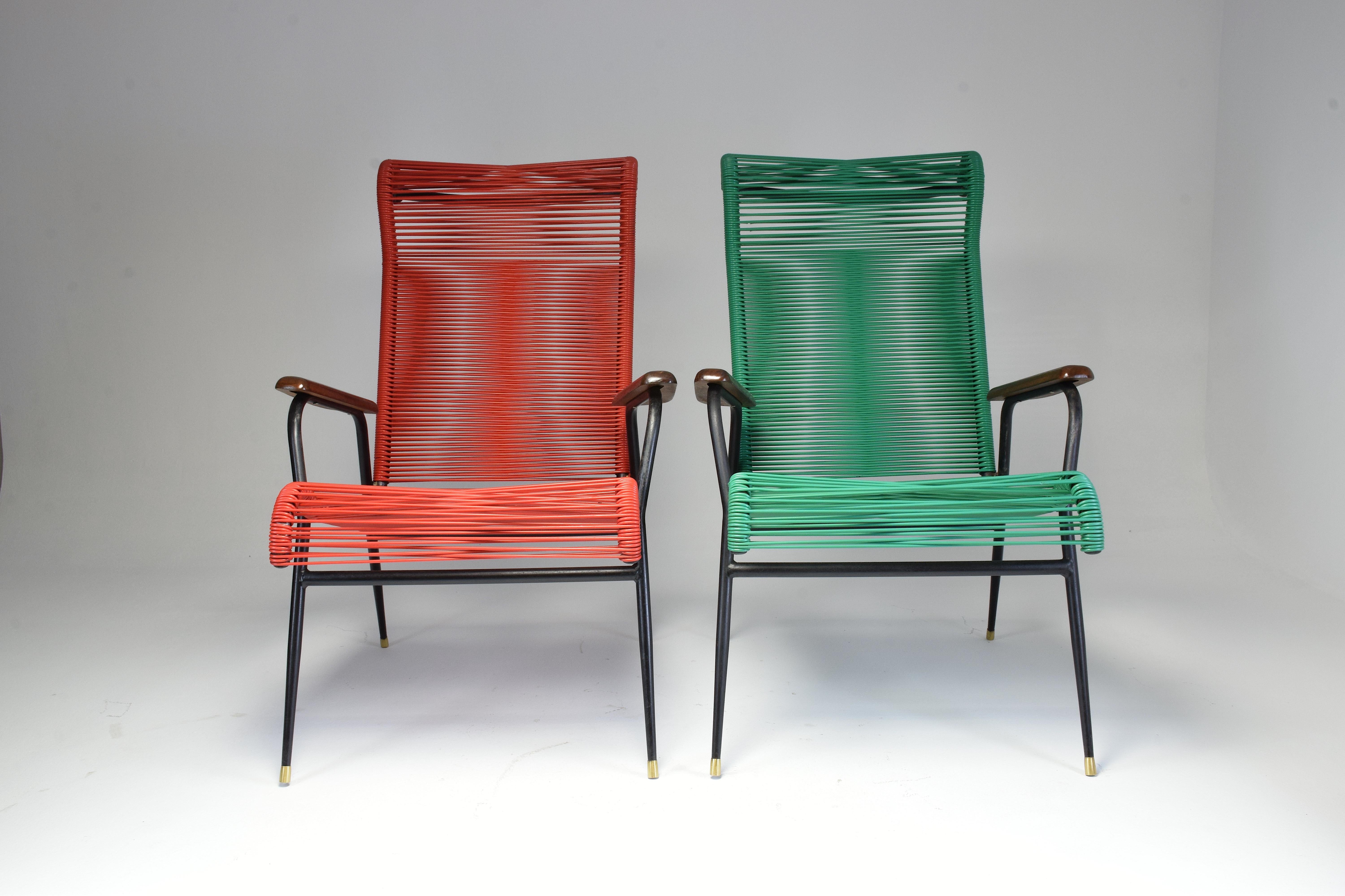 Mid-Century Modern 1950s Vintage French Red and Green Scoubidou Lounge Chairs, Set of Two