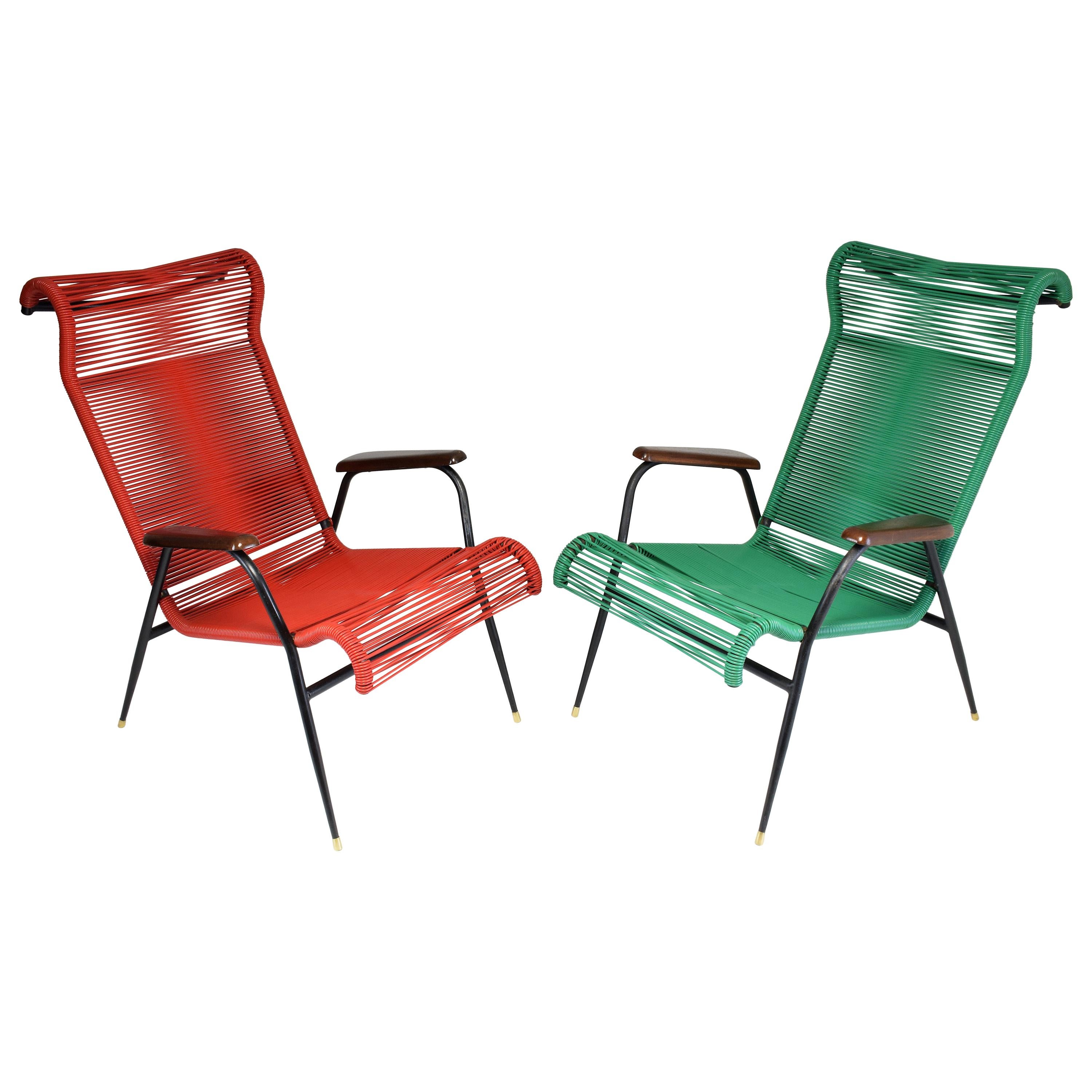 1950s Vintage French Red and Green Scoubidou Lounge Chairs, Set of Two