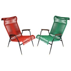 1950s Retro French Red and Green Scoubidou Lounge Chairs, Set of Two