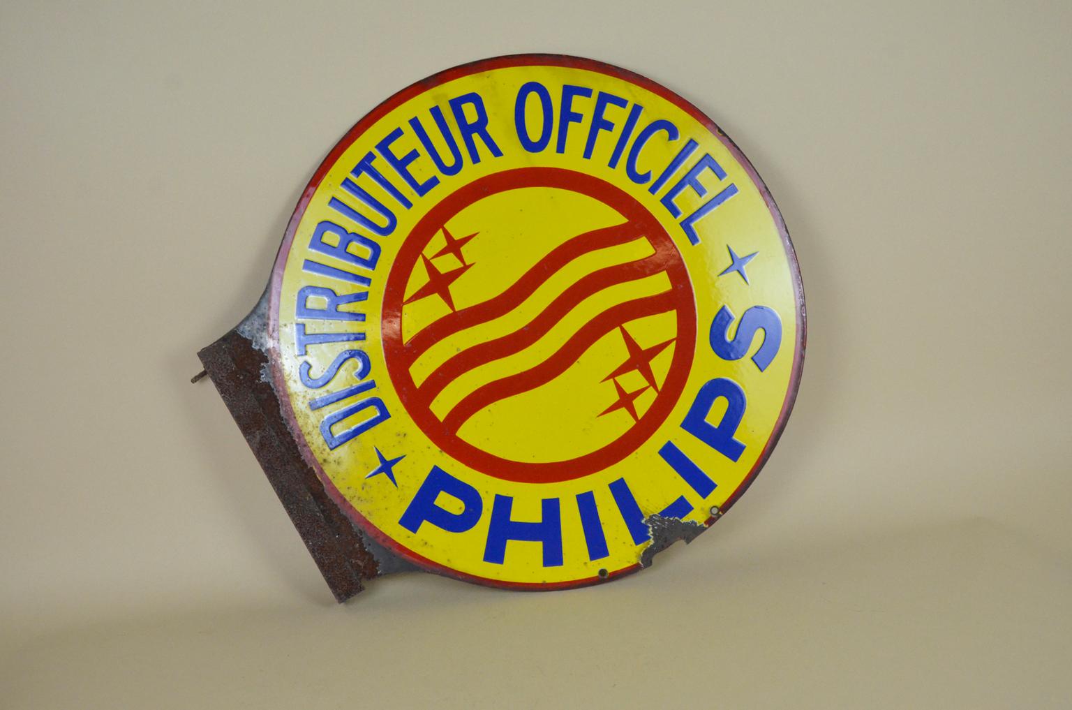Mid-Century Modern 1950s Vintage French Round Double Sided Advertising Philips Enamel Metal Sign For Sale