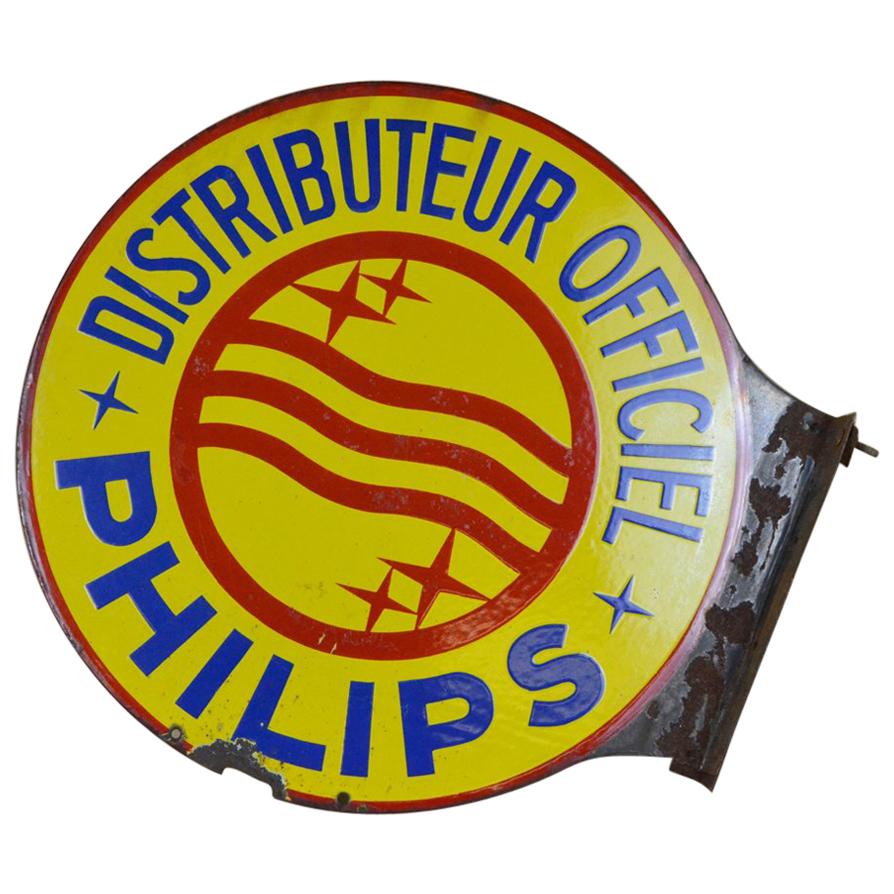 1950s Vintage French Round Double Sided Advertising Philips Enamel Metal Sign For Sale
